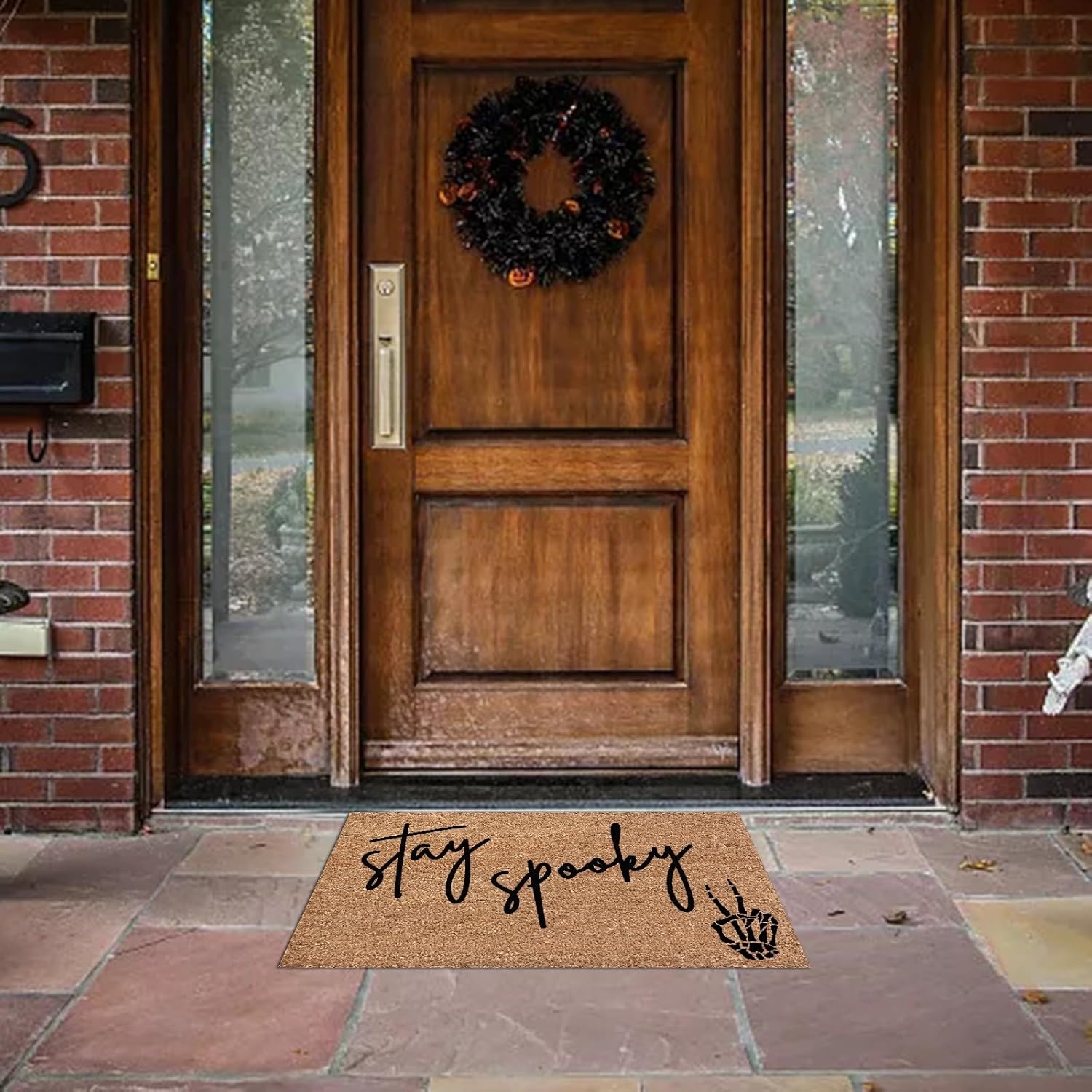 Tapetes de Halloween para puerta de entrada con diseño de fantasma de Halloween y fibra de coco con estampado de Hey Boo Happy Halloween Witch Bat,