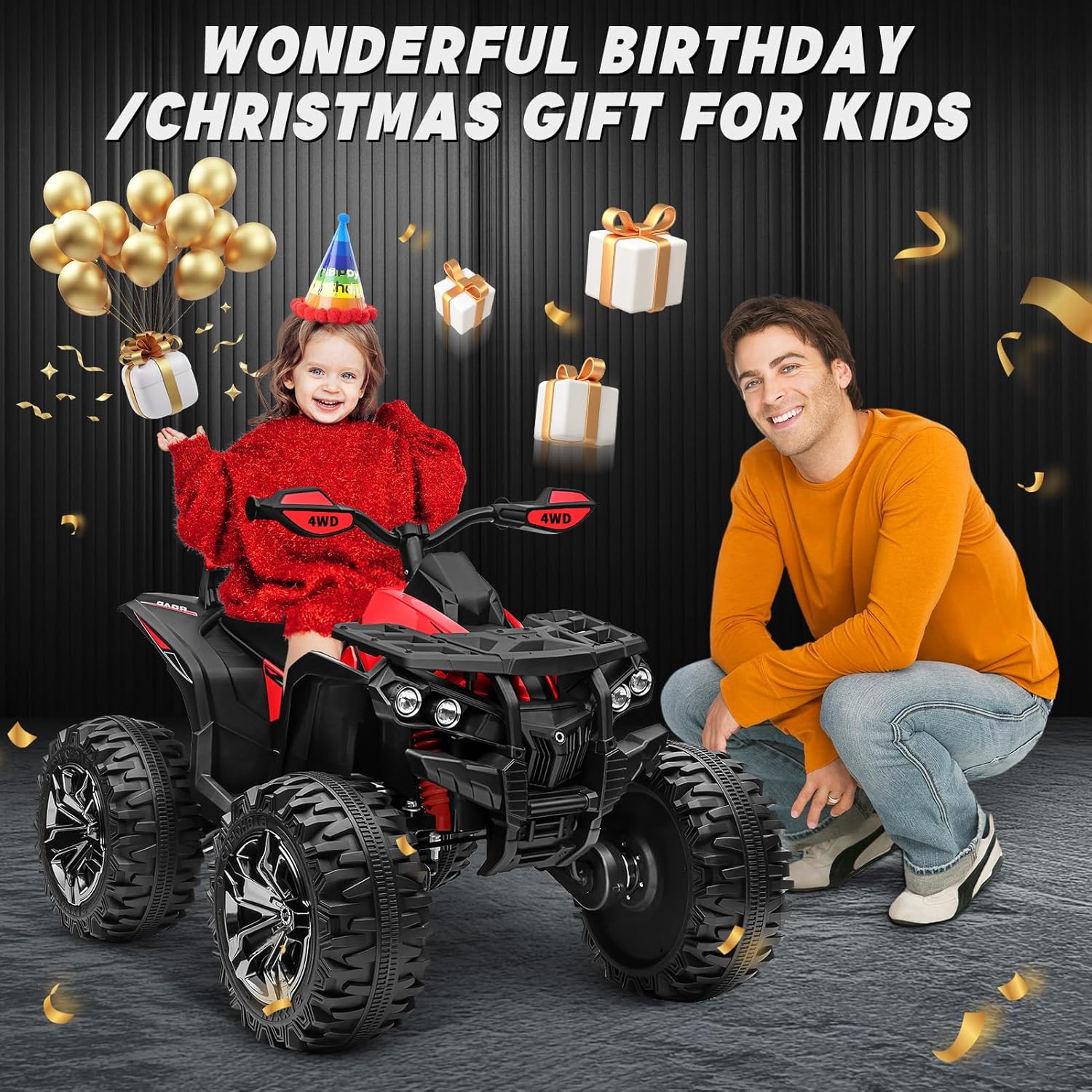 ATV 4 ruedas para niños, juguetes de paseo de 24 V 4WD con 2 plazas, motor potente de 4 x 200 W, funciona con batería de 9 AH, música Bluetooth,