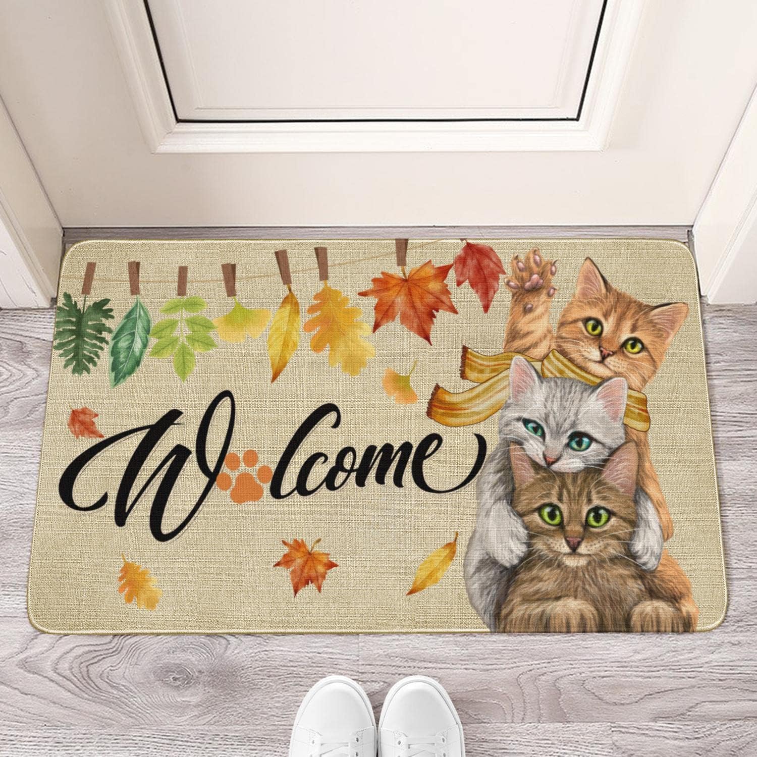 Divertida alfombra de bienvenida con diseño de gato, tapete de bienvenida de otoño al aire libre, tapete de goma antideslizante para interiores y