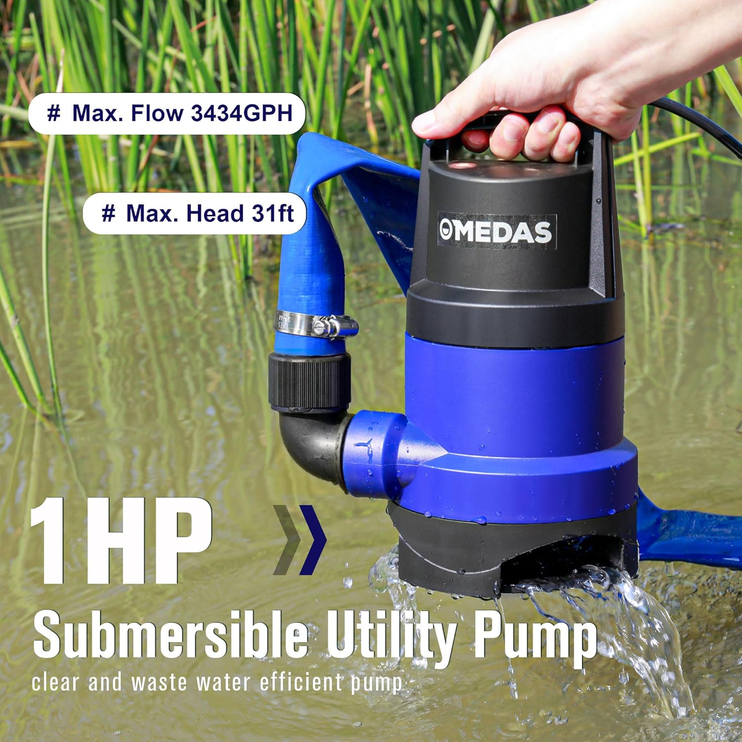MEDAS 1HP 3434 GPH Bomba de sumidero sumergible limpiasucia bomba de agua portátil con cable de 16.4 pies para piscina, jardín, sótano, tina,