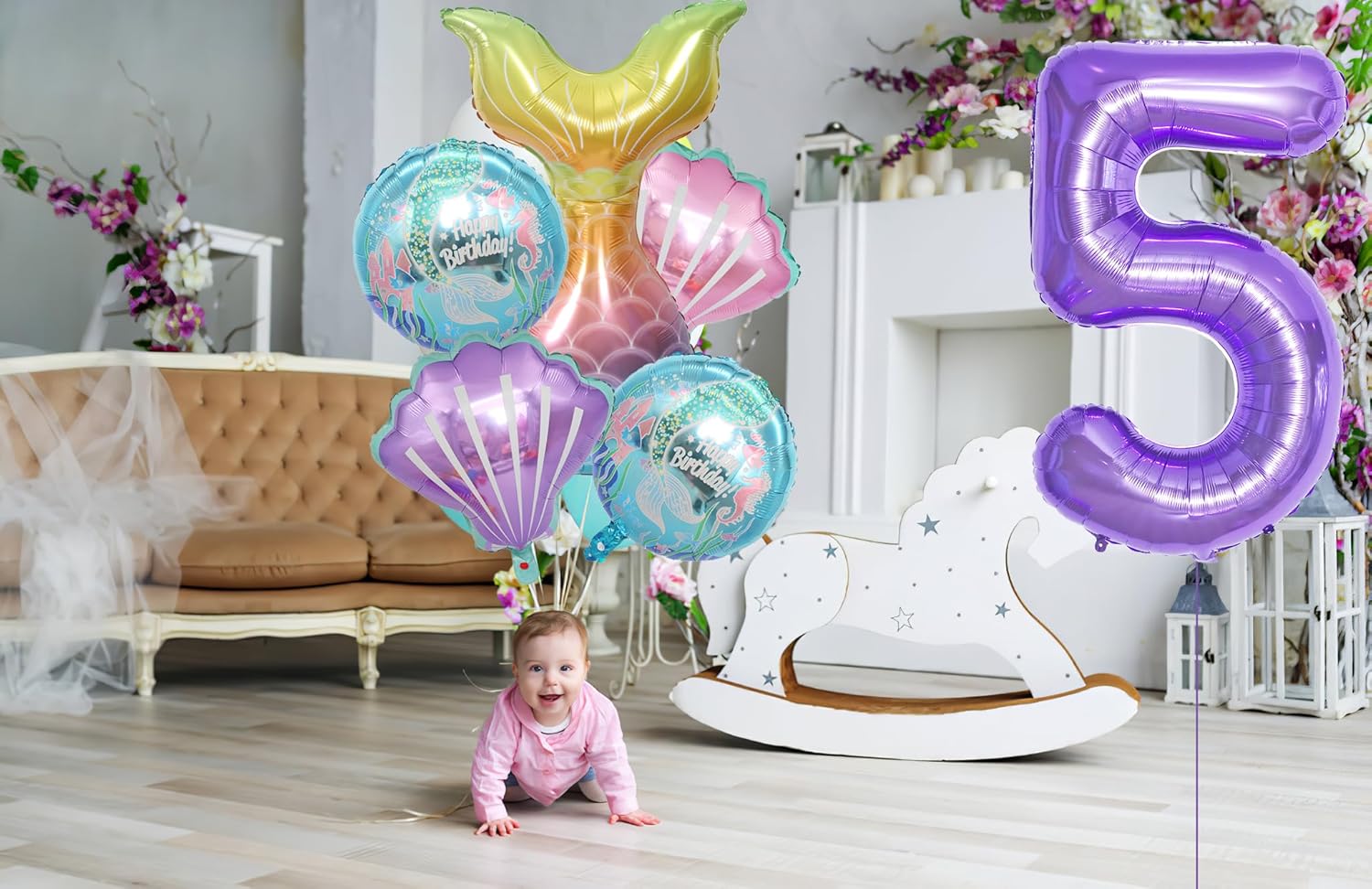 Decoraciones de fiesta de cumpleaños de sirena, suministros de fiesta de cumpleaños de sirena, incluye cola de sirena y globos morados del número 5