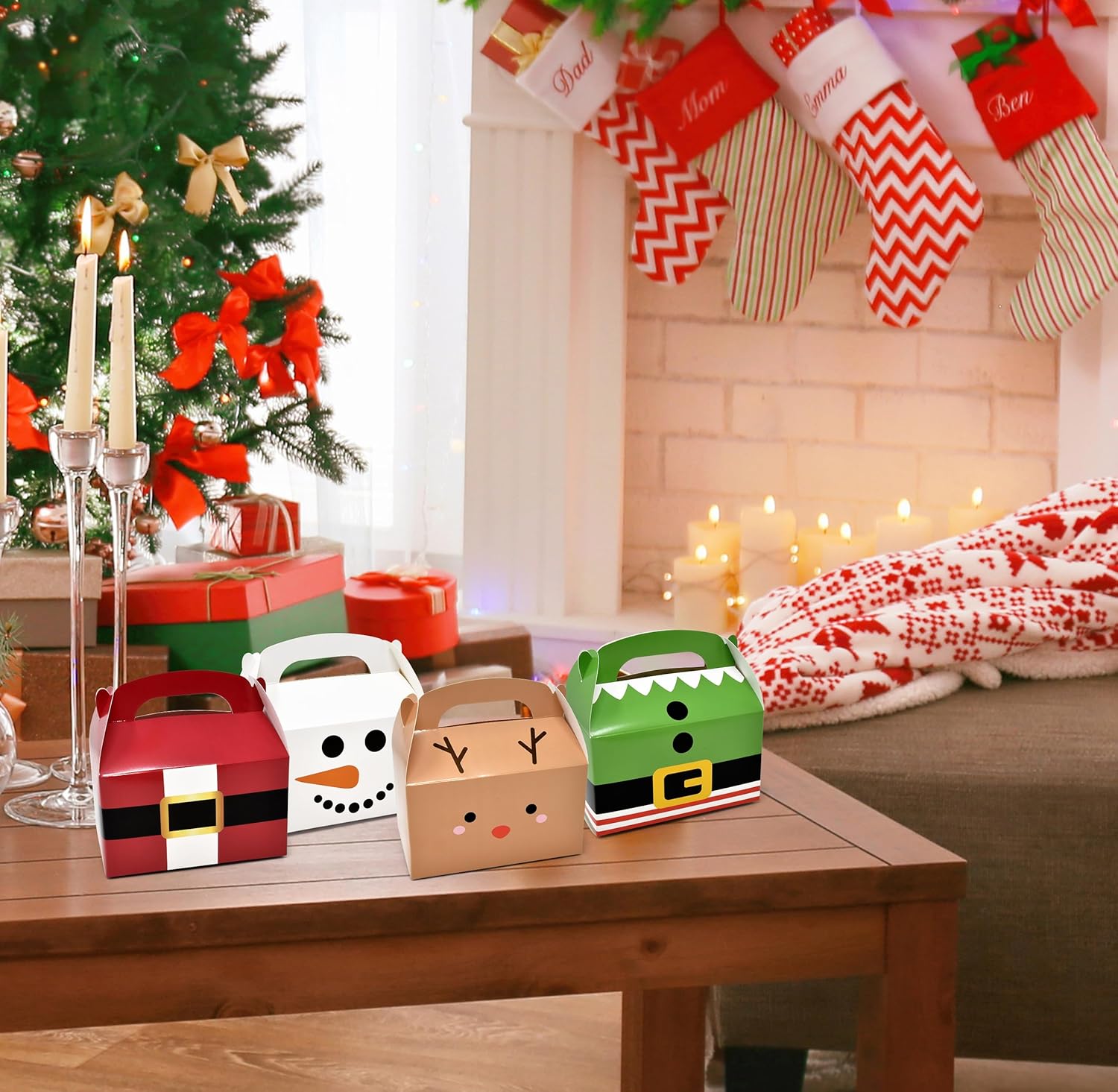 Gift Boutique Paquete de 24 cajas de regalo de Navidad de cartón de Navidad, caja de papel a dos aguas de Papá Noel, elfo, muñeco de nieve, reno