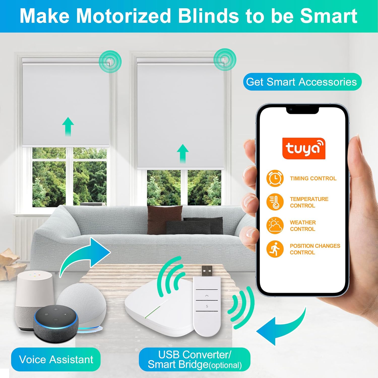 Allesin Persianas enrollables motorizadas con control remoto para ventanas, persiana enrollable inteligente opaca a pilas, para sala de estar,