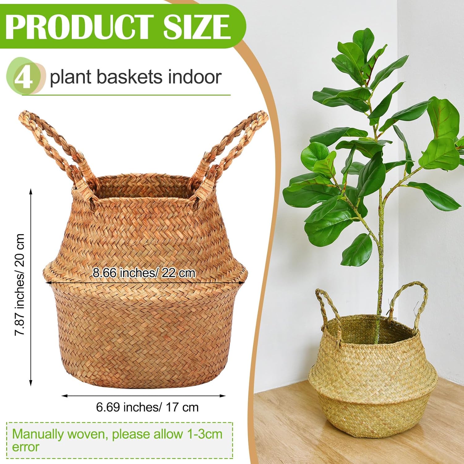 Qunclay 4 cestas tejidas de hierba marina, cesta para el vientre, maceta bohemia natural con asas, maceta redonda decorativa de mimbre grande para