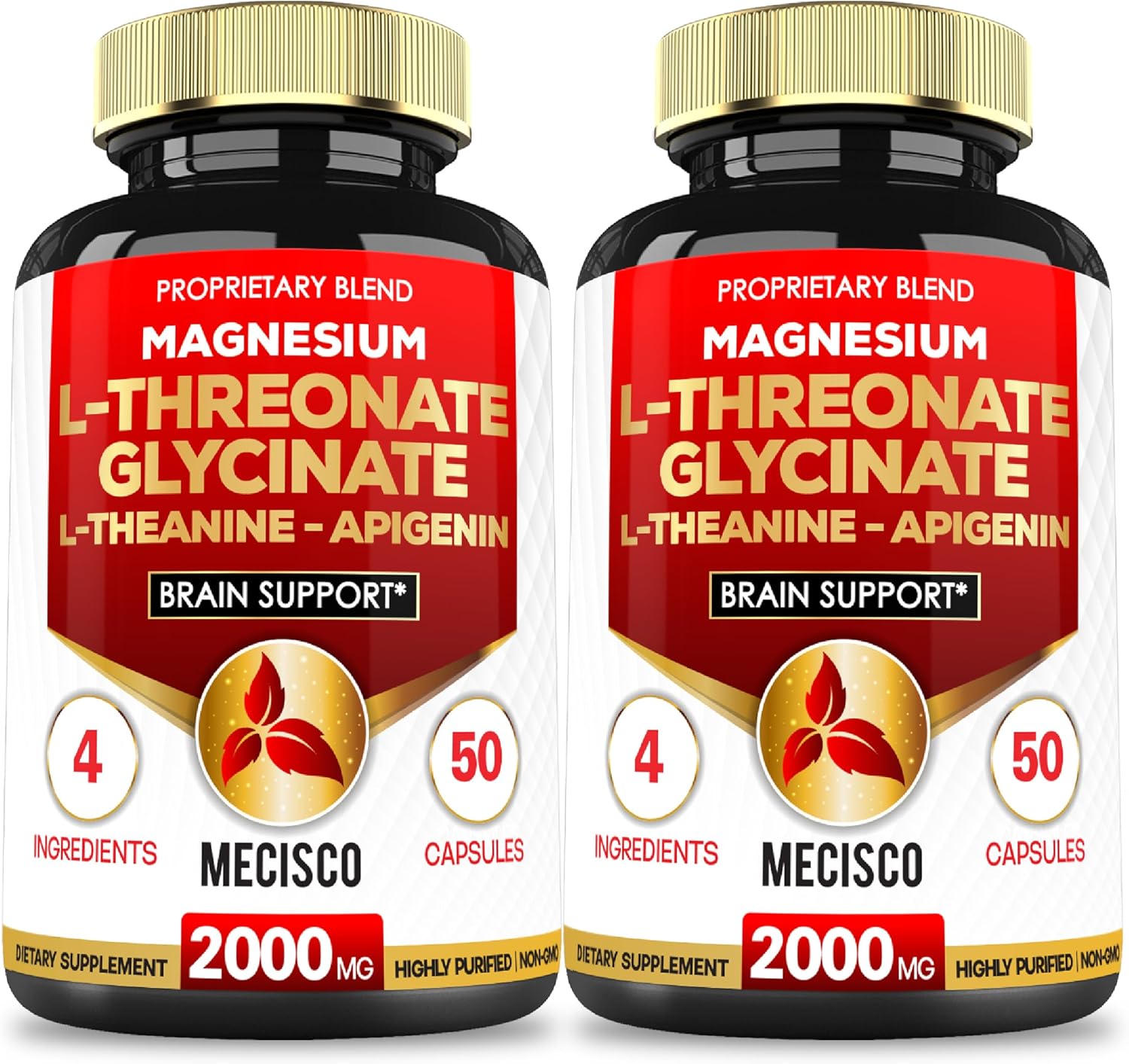 2 paquetes_50 cápsulas de 2000 mg de magnesio L de treonato de suplemento con glicinato de magnesio, L-teanina y apigenina, estado de ánimo