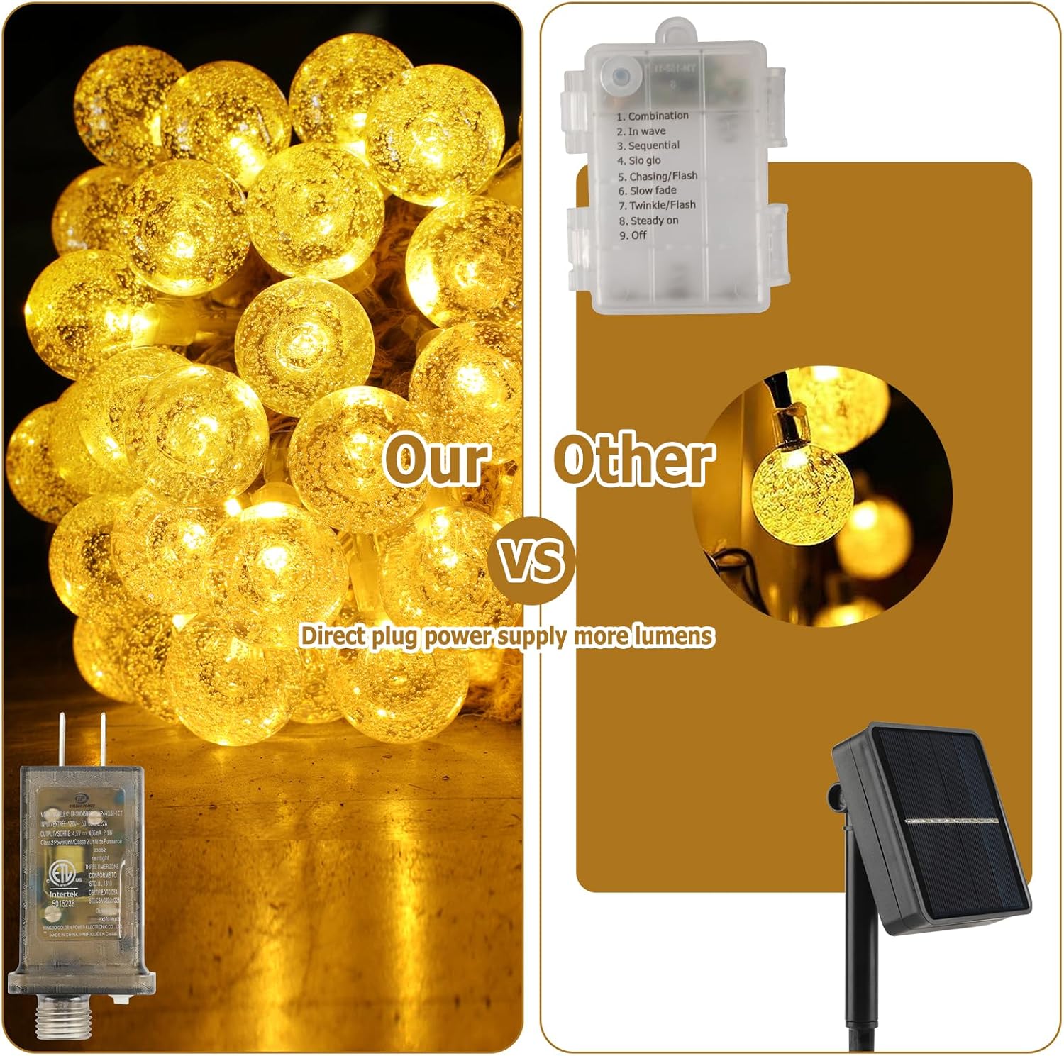 Guirnalda de luces para exteriores, 100 luces LED de 33 pies, globo de cristal, impermeables, luces para exteriores, estilo cordel, control remoto,