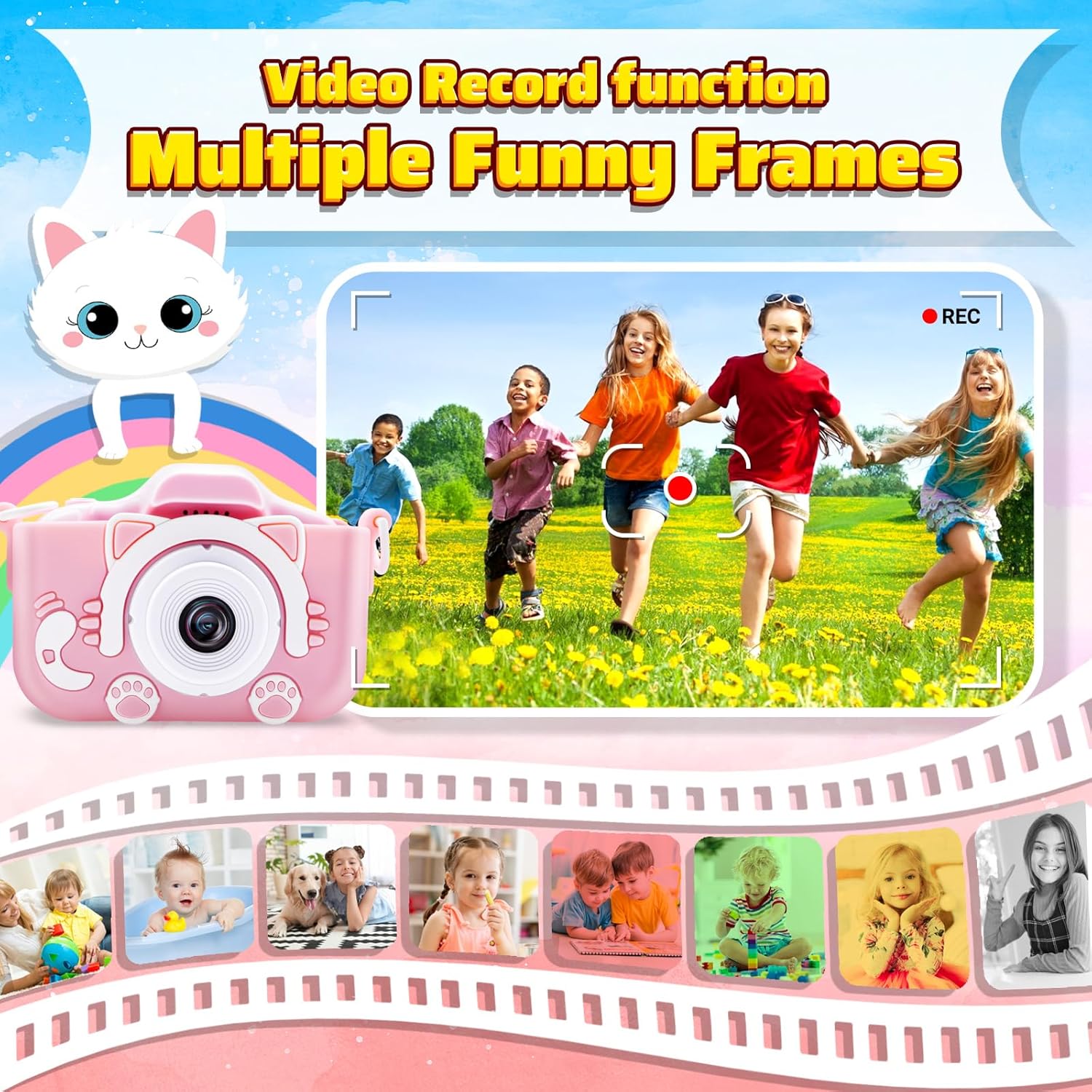Pistroy Cámara para niños, juguetes de cámara para niños, 2 fundas protectoras de silicona para cámara digital HD, regalos de cumpleaños para niños
