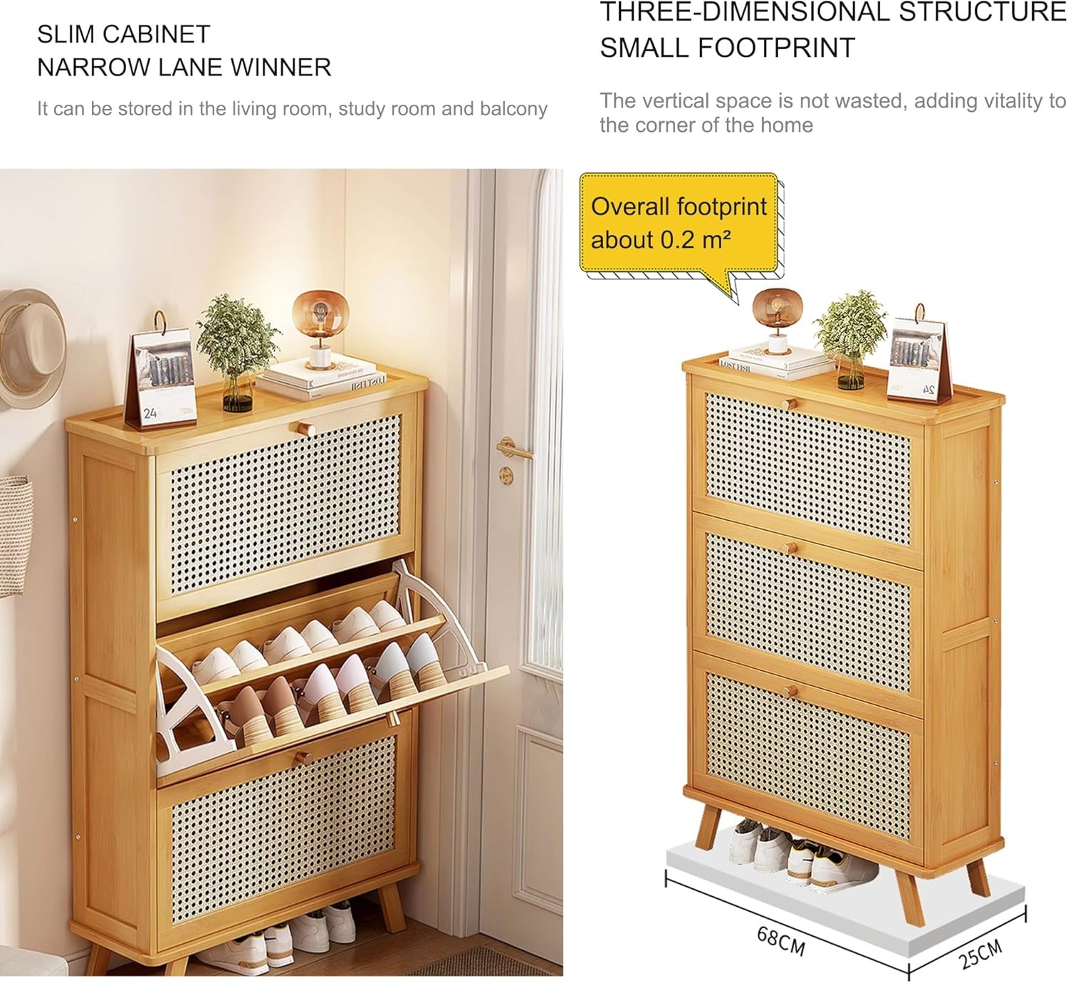 Organizador de almacenamiento moderno de ratán de plástico para entrada, zapatero de pie de bambú con puertas abatibles, tablero superior grande,