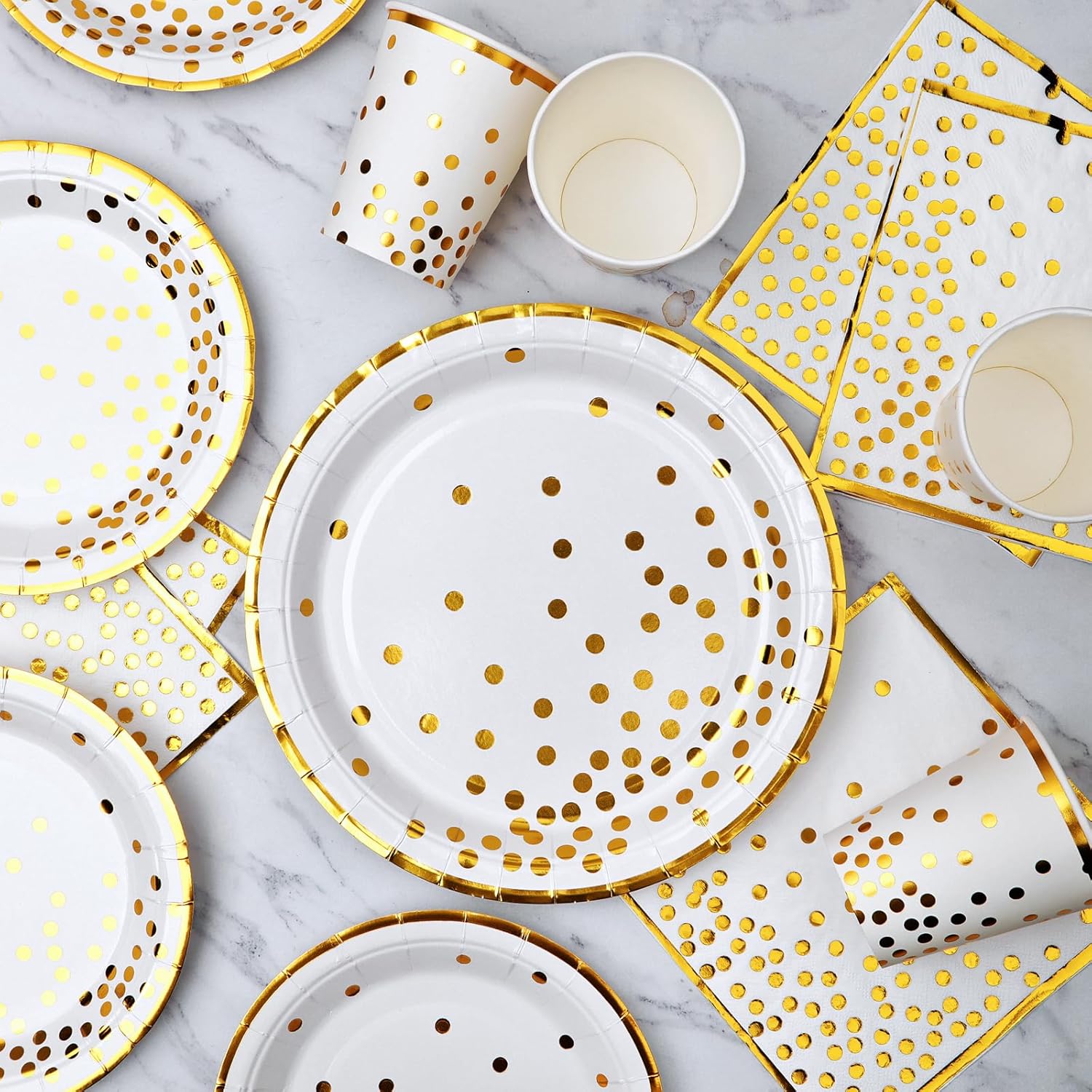Suministros de fiesta de papel blanco y dorado, 200 platos de papel blanco, servilletas y tazas, platos de papel de aluminio con borde dorado de