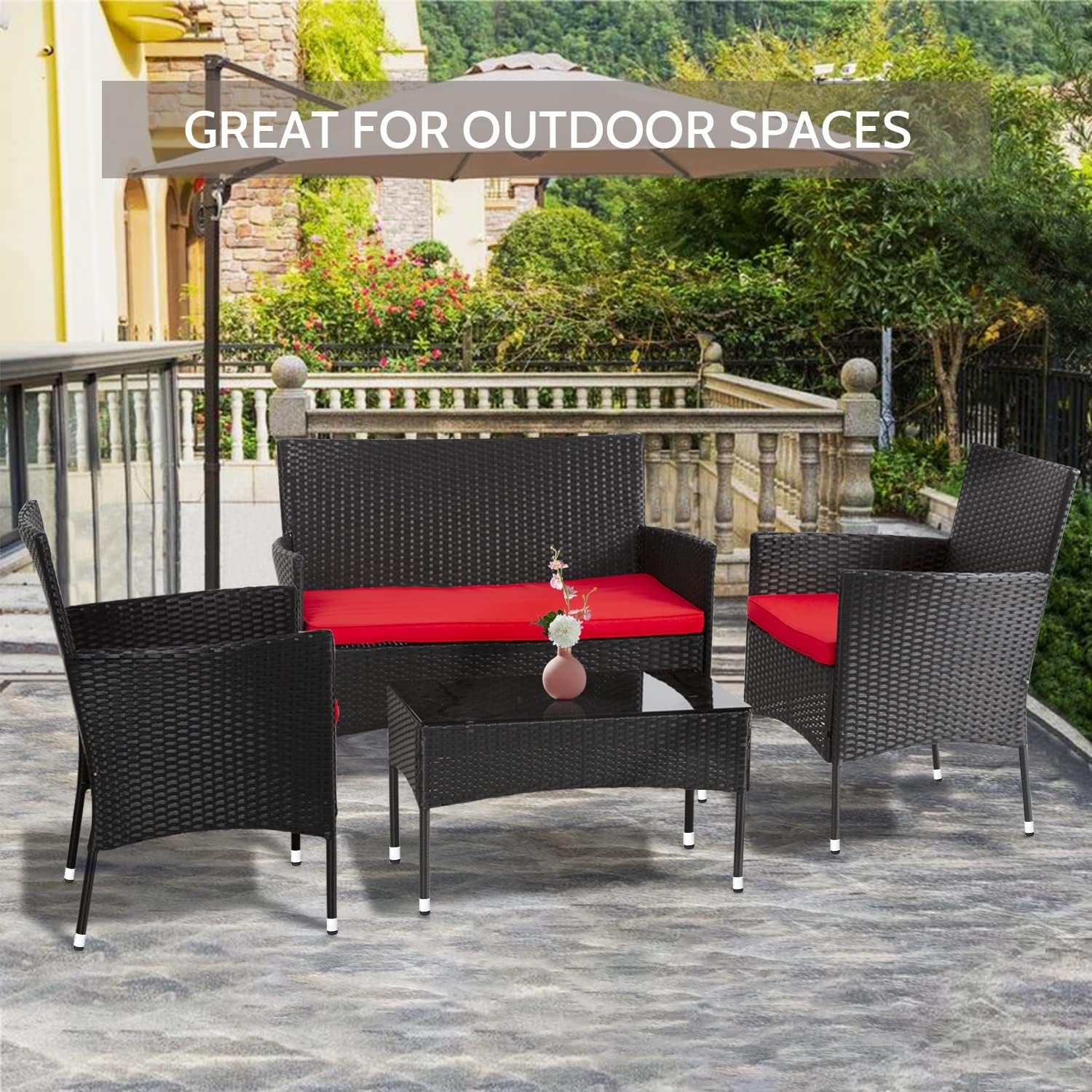 FDW Juego de muebles de patio, 4 piezas, muebles de exterior, sillas de mimbre para patio, muebles de patio, juego de conversación para uso en