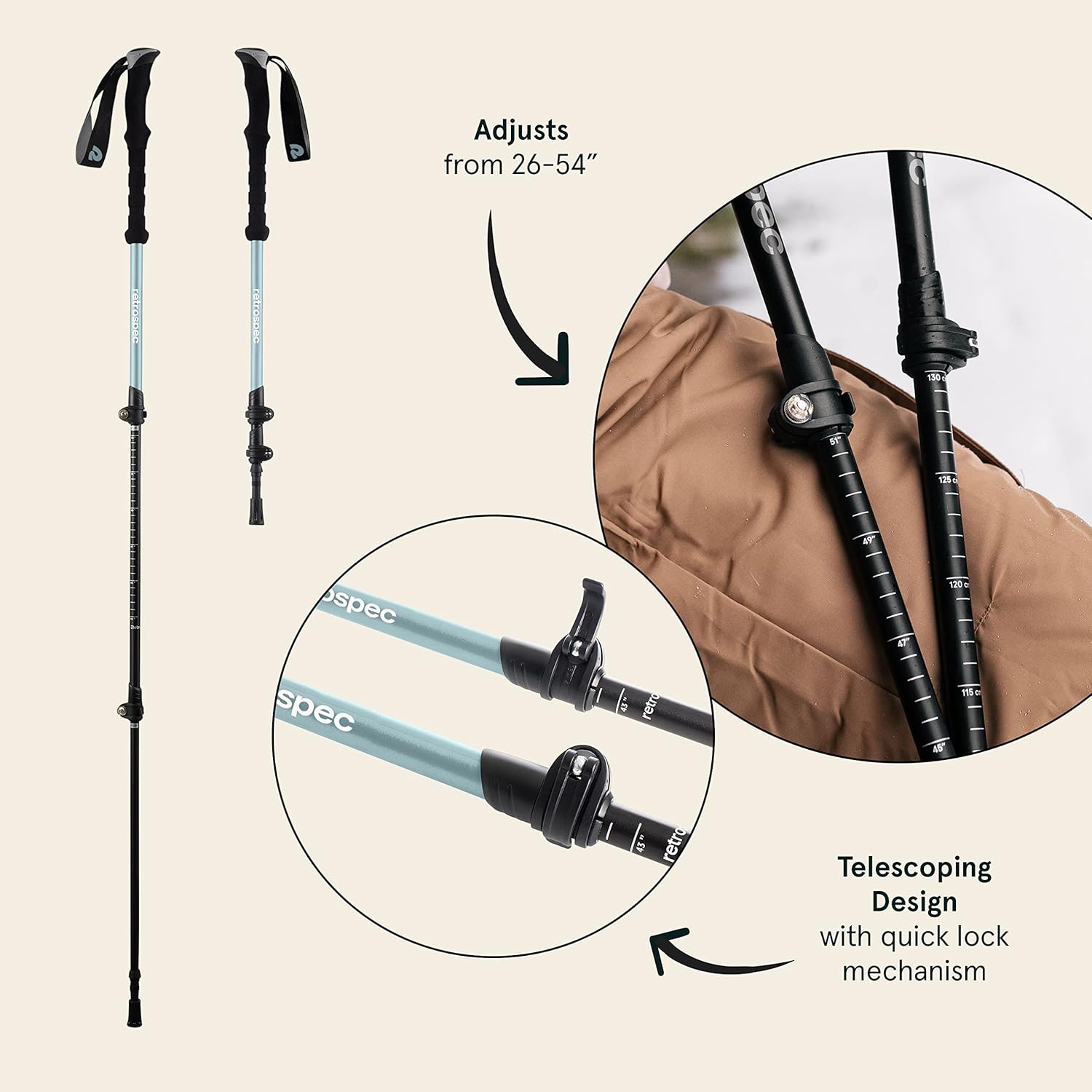 Retrospec Solstice – Bastones de senderismo y esquí para hombres y mujeres, de aluminio con agarre de corcho o espuma, ajustables y plegables,