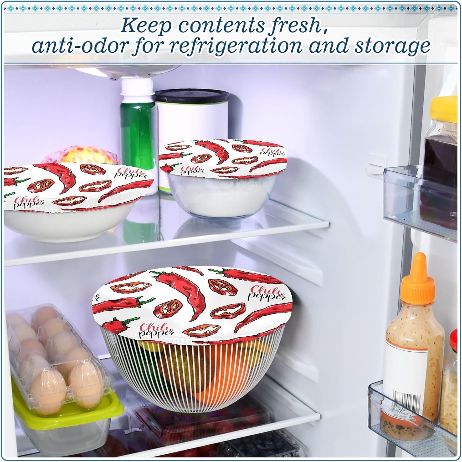 Chili Peppers – 5 fundas elásticas reutilizables para cuencos para almacenamiento de alimentos, tapas de tela elástica con 5 tamaños diferentes