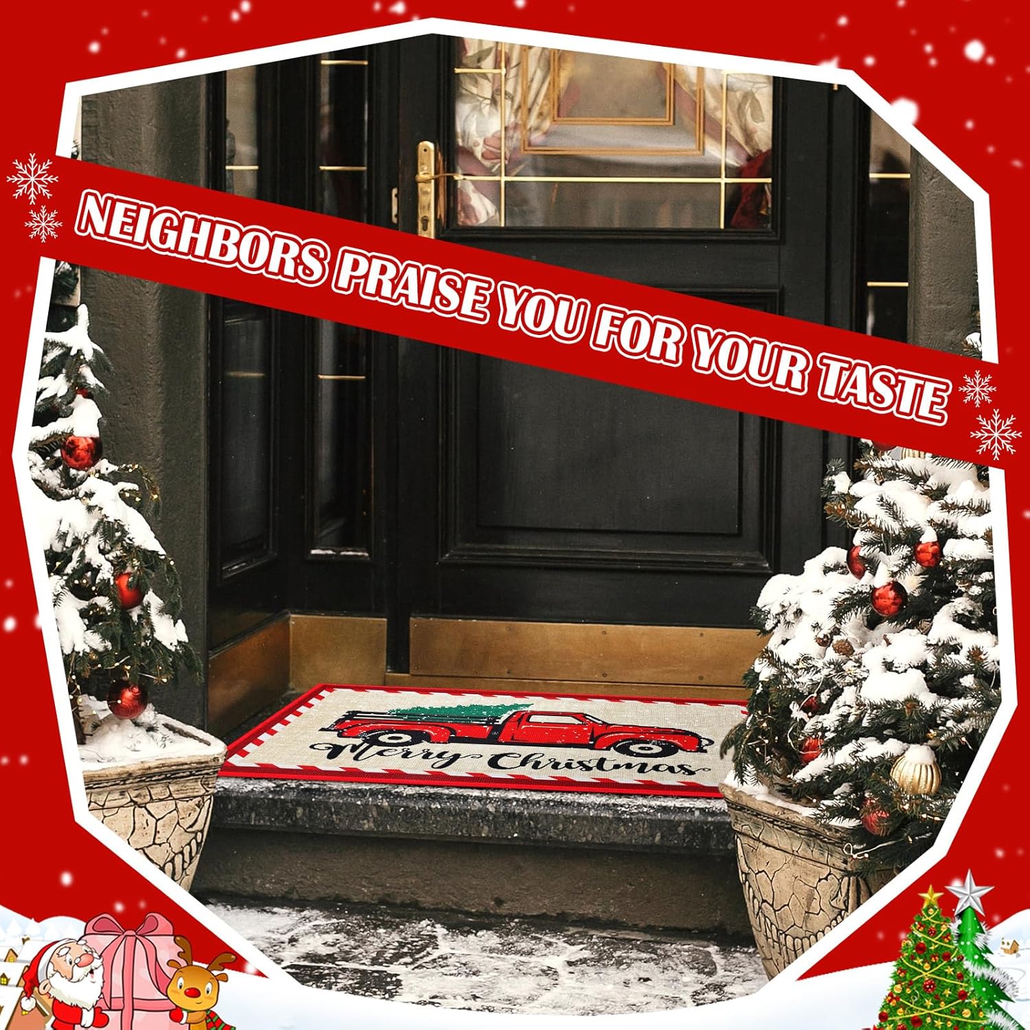 Geelin 3 tapetes de Navidad con gnomo de bienvenida, para árbol de Navidad, camión, para interiores y exteriores, tapete antideslizante para porche