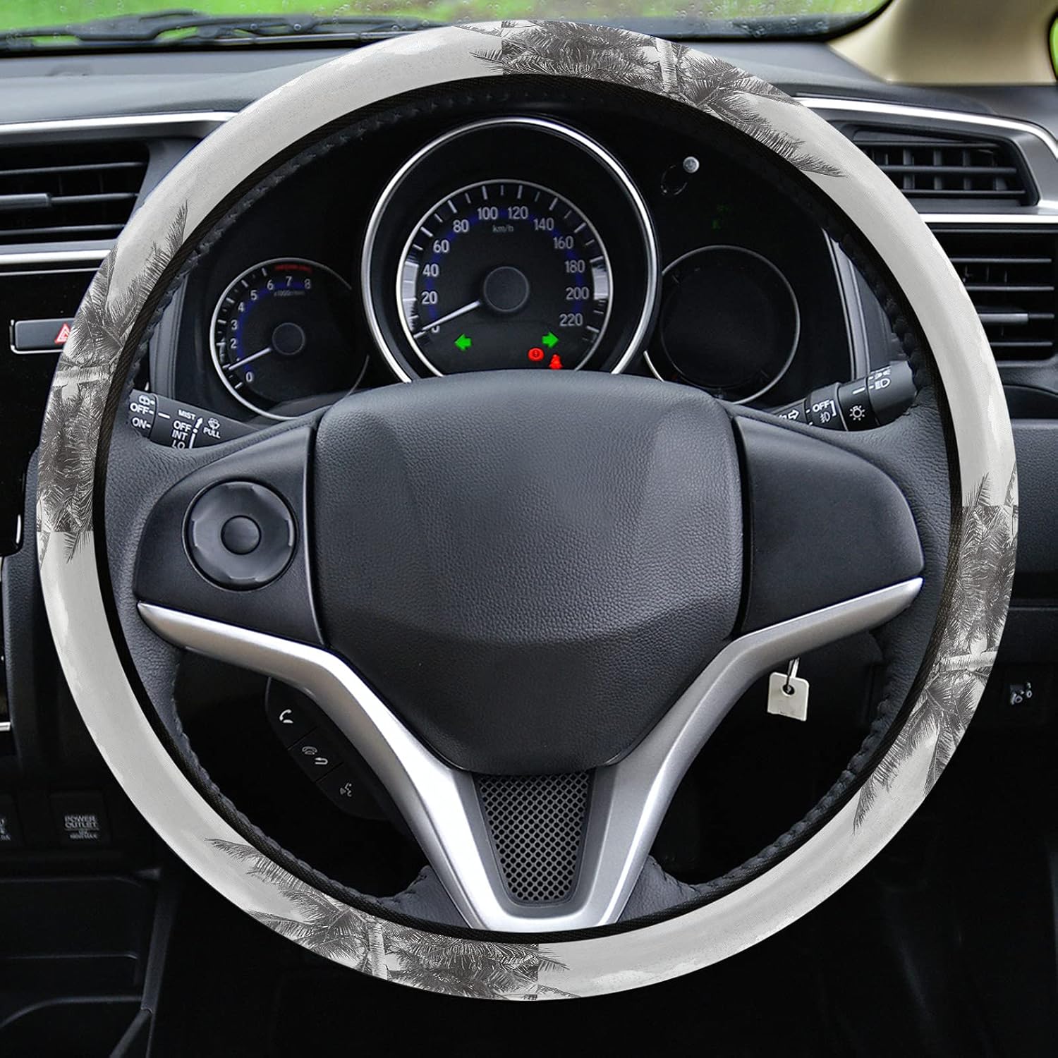 Car Steering Wheel Cover, Black White Palm Tree Elastic Stretch Sponge Steering Wheels Protective Cover for Vehicles Trucks SUVs Universal