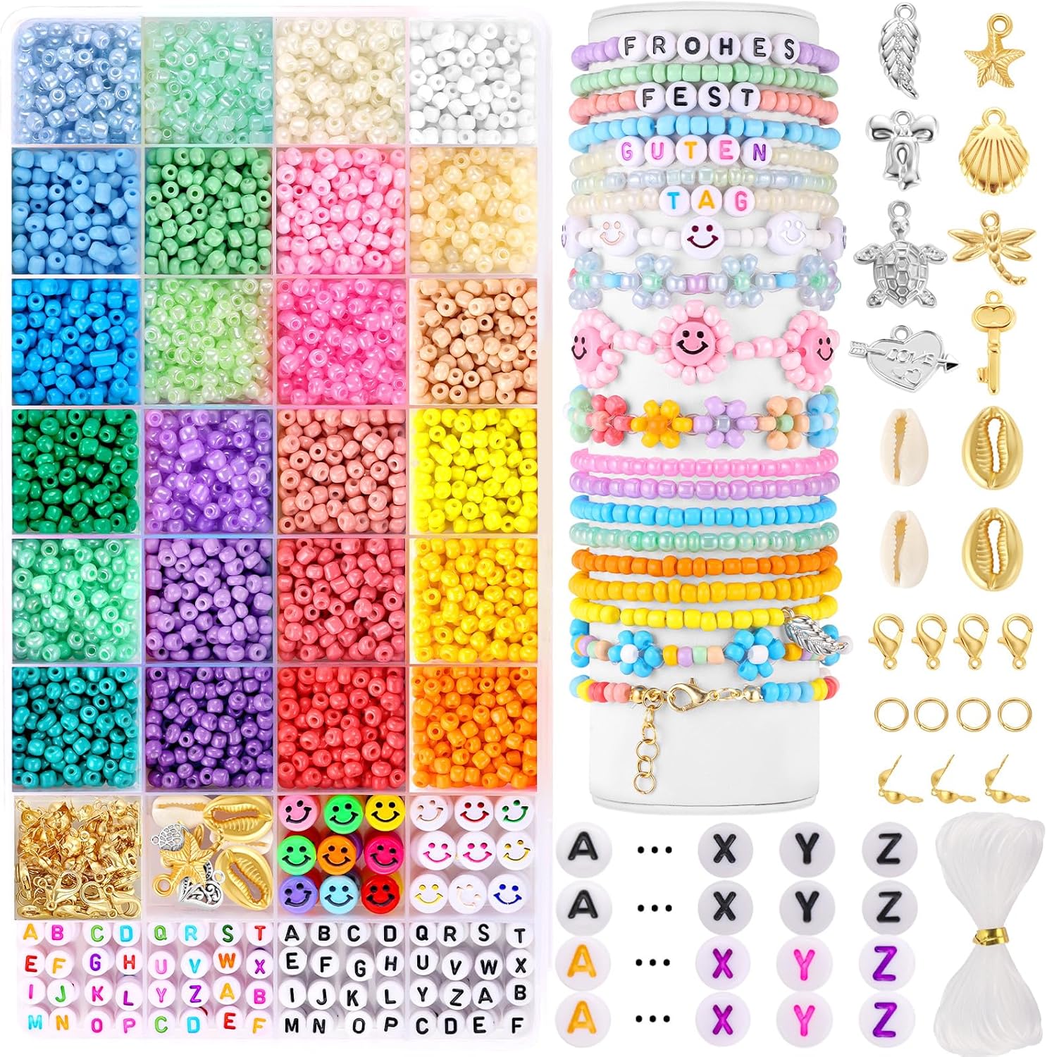Funtopia Kit de 4000 cuentas de semillas de 0.157 pulgadas para hacer pulseras, cuentas de vidrio pequeñas de 24 colores para hacer joyas, kit de