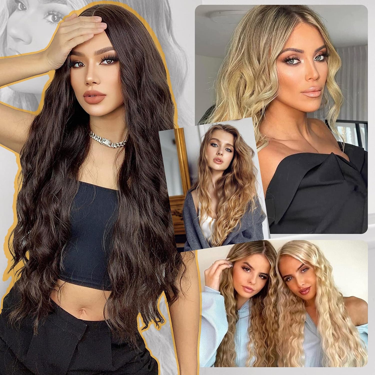 YOGFIT Extensiones de cabello sintético largo y ondulado con clip, de 24 pulgadas, 6 unidades, balayage, color marrón oscuro, grueso, fibra
