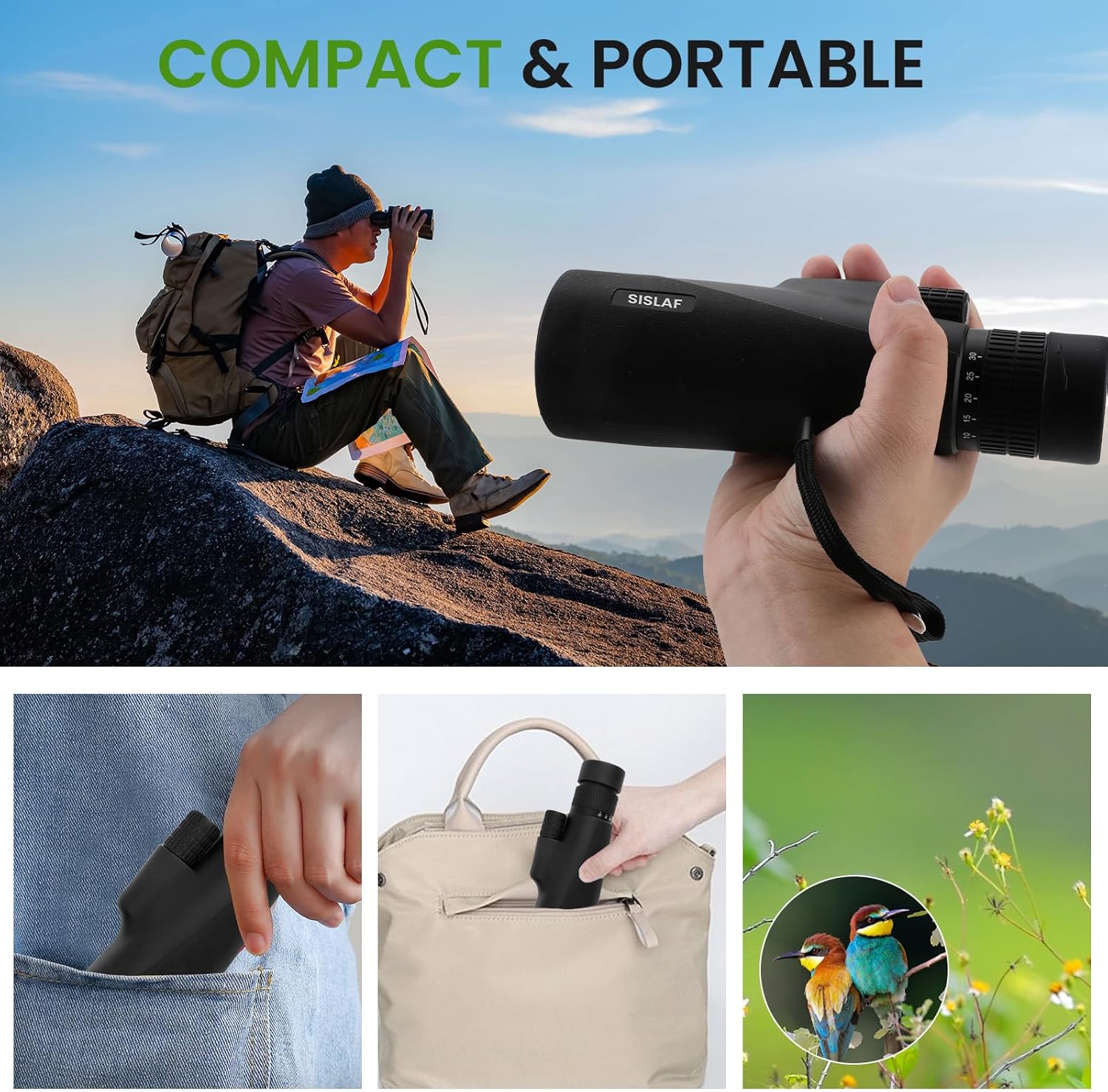 Telescopio monocular de 10-30×50 con adaptador para teléfono inteligente, telescopio de mano de alta potencia de baja visión nocturna, regalo de