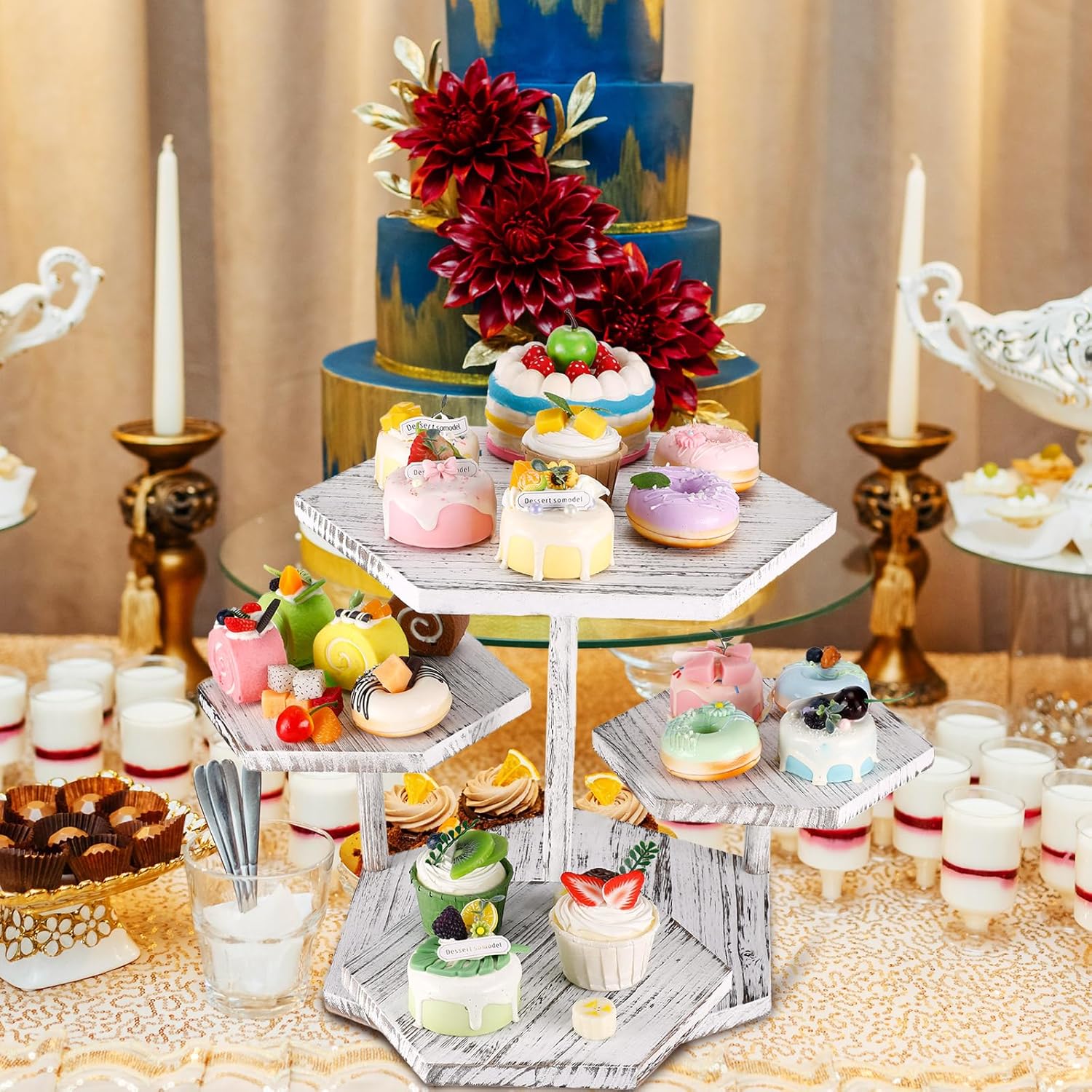 Uiifan Soporte hexagonal para cupcakes de 4 niveles, soporte hexagonal de madera para tartas, postres, cupcakes, torre de granja, bandeja