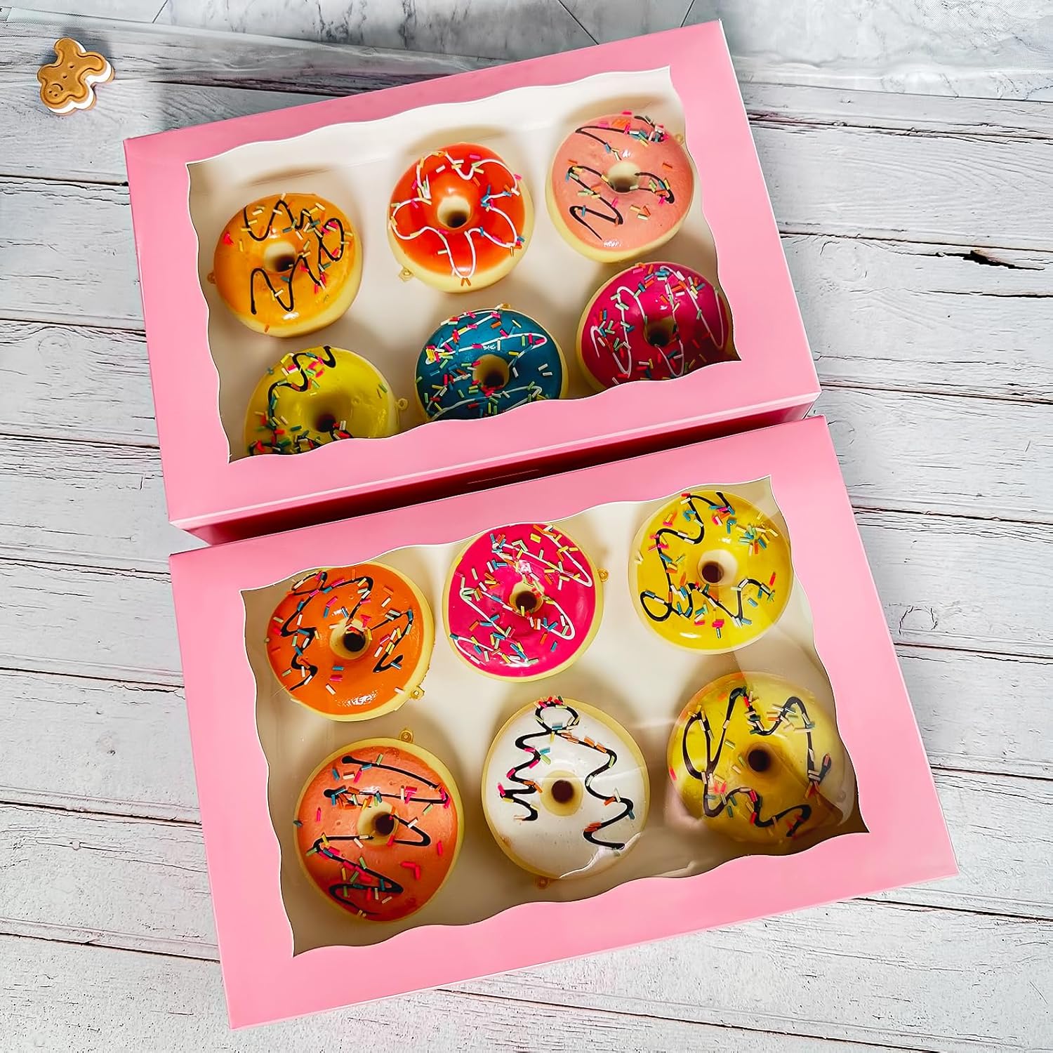 Paquete de 15 cajas de pastelería rosa para panadería de 12 x 8 x 2.5 pulgadas, donas grandes, magdalenas, cajas de galletas con ventana de PVC,