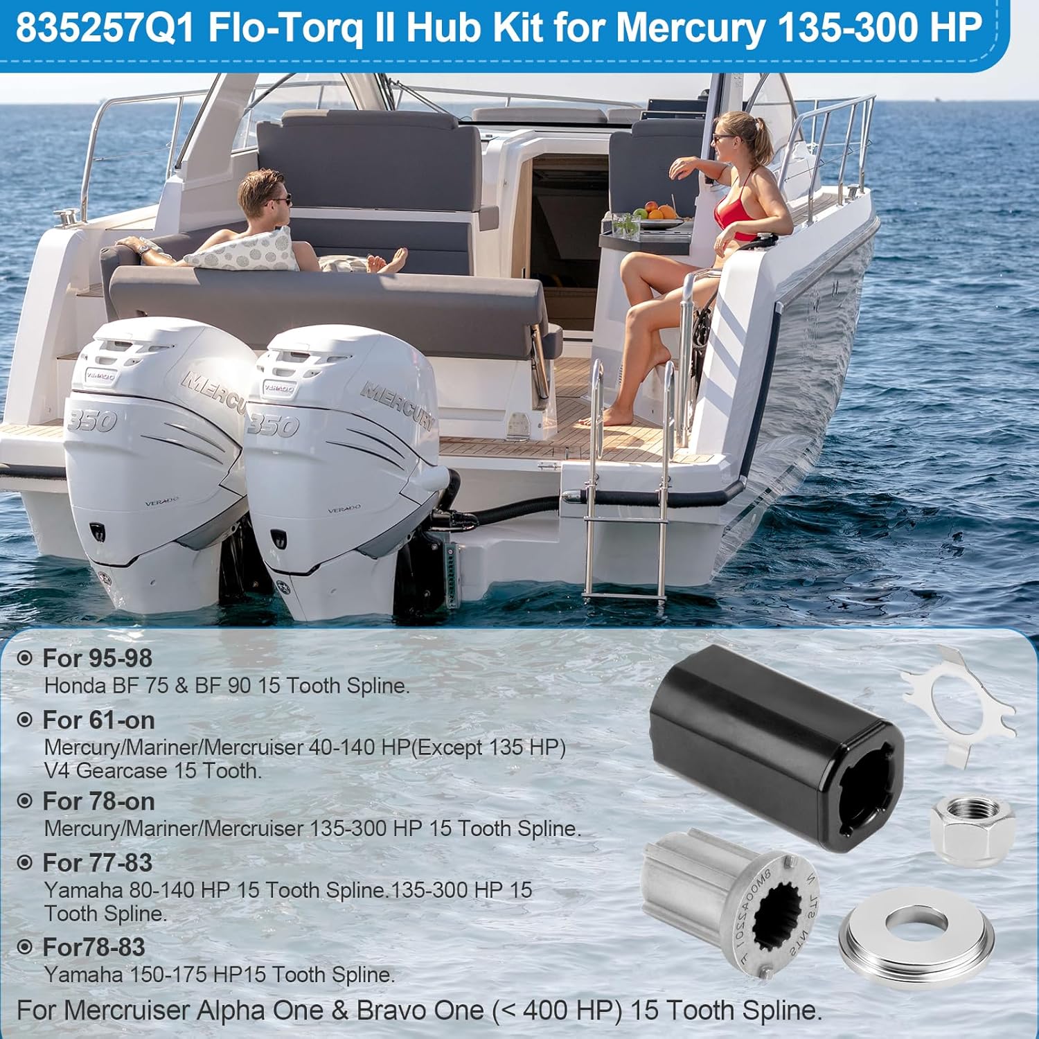 835257Q1 Kit de buje Flo-Torq II para motores Mercury 135-300 HP, Mercruiser Alpha, Bravo One, Mariner 40-60 HP CT, Alpha One Engines Drives