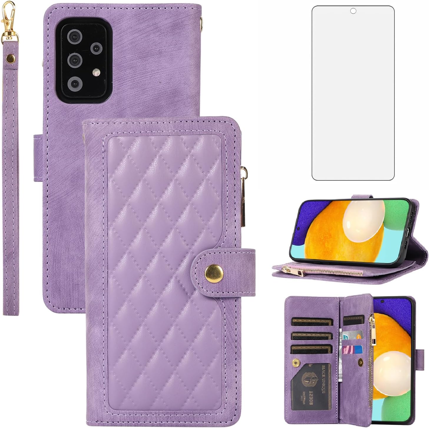Funda de teléfono para Samsung Galaxy A52A52S 5G Funda tipo cartera con protector de pantalla de vidrio templado y correa para la muñeca de cuero