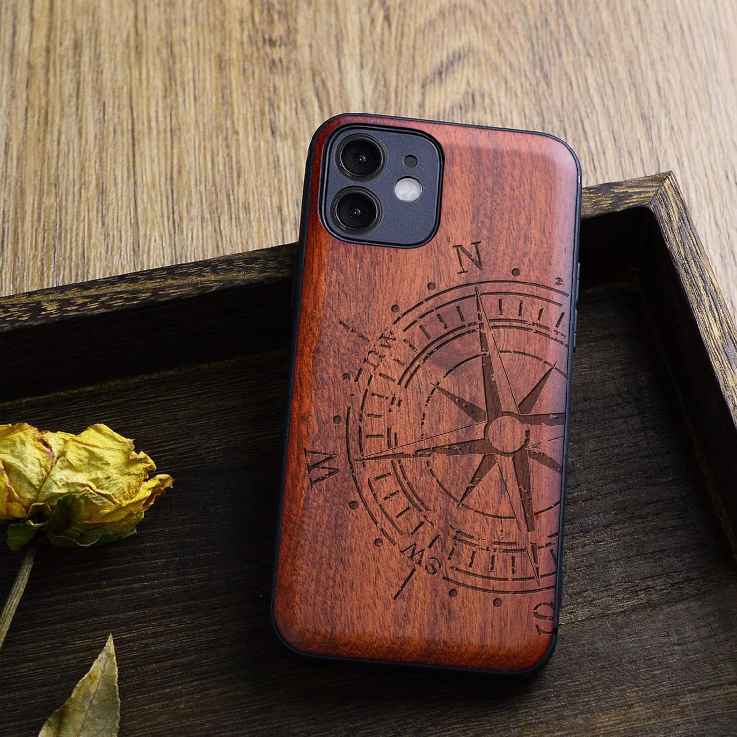 Carveit Funda magnética de madera para iPhone 12 madera natural y TPU suave negro a prueba de golpes, funda protectora única y elegante de madera
