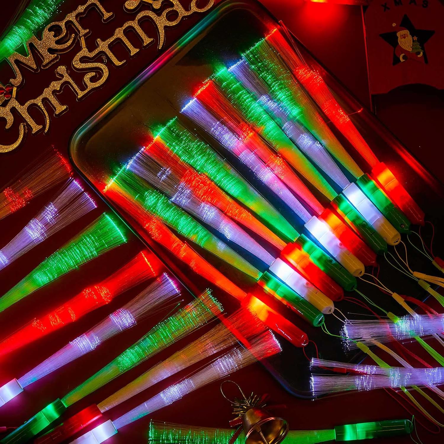 Sotiff 48 varitas de fibra óptica de Navidad a granel con 3 modos intermitentes incluidos, baterías LED intermitentes, varitas de fibra de colores