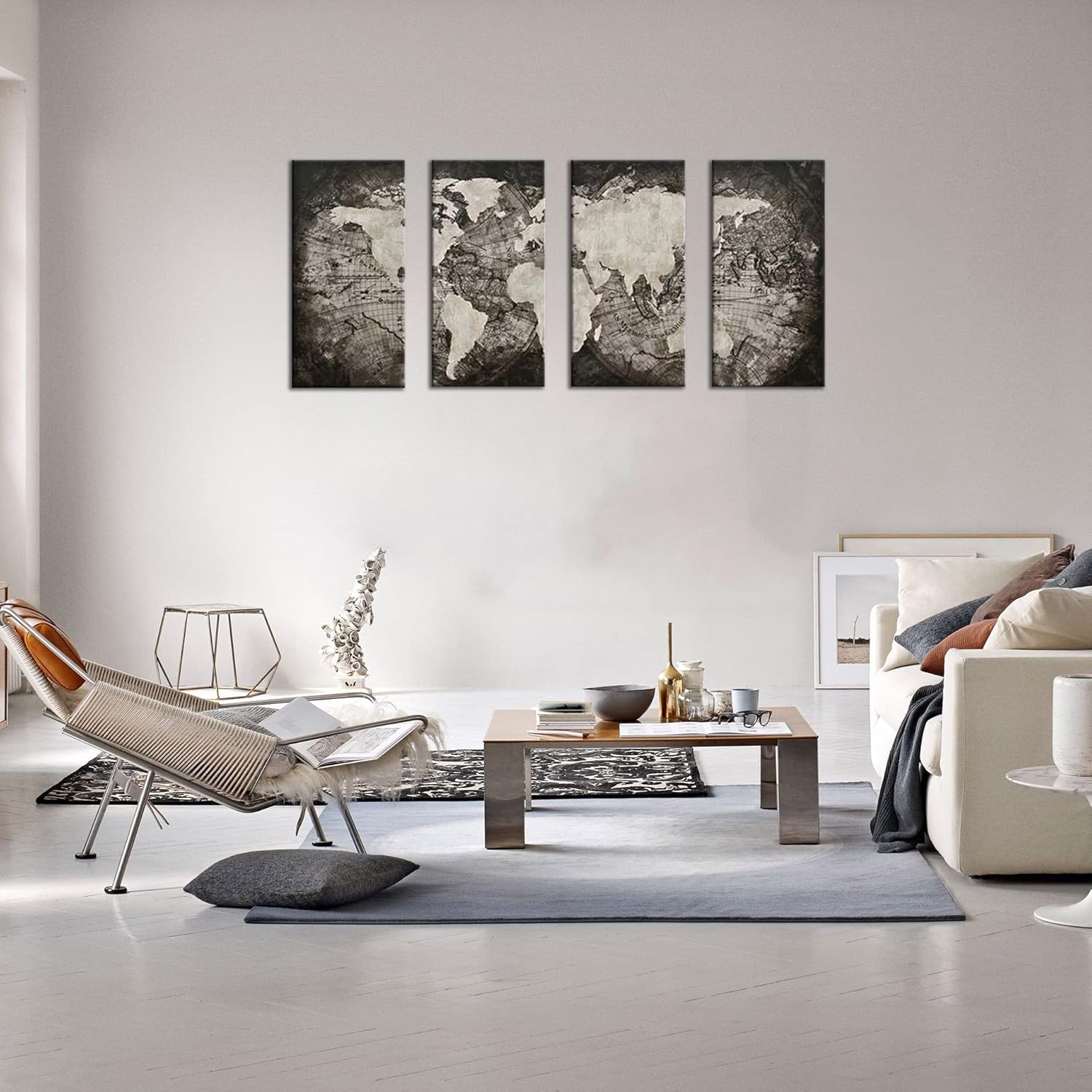 Juego de 4 paneles de mapa del mundo grande, lienzo de arte para pared, lienzo negro con mapa antiguo, decoración de pared, sala de estar (negro, 16