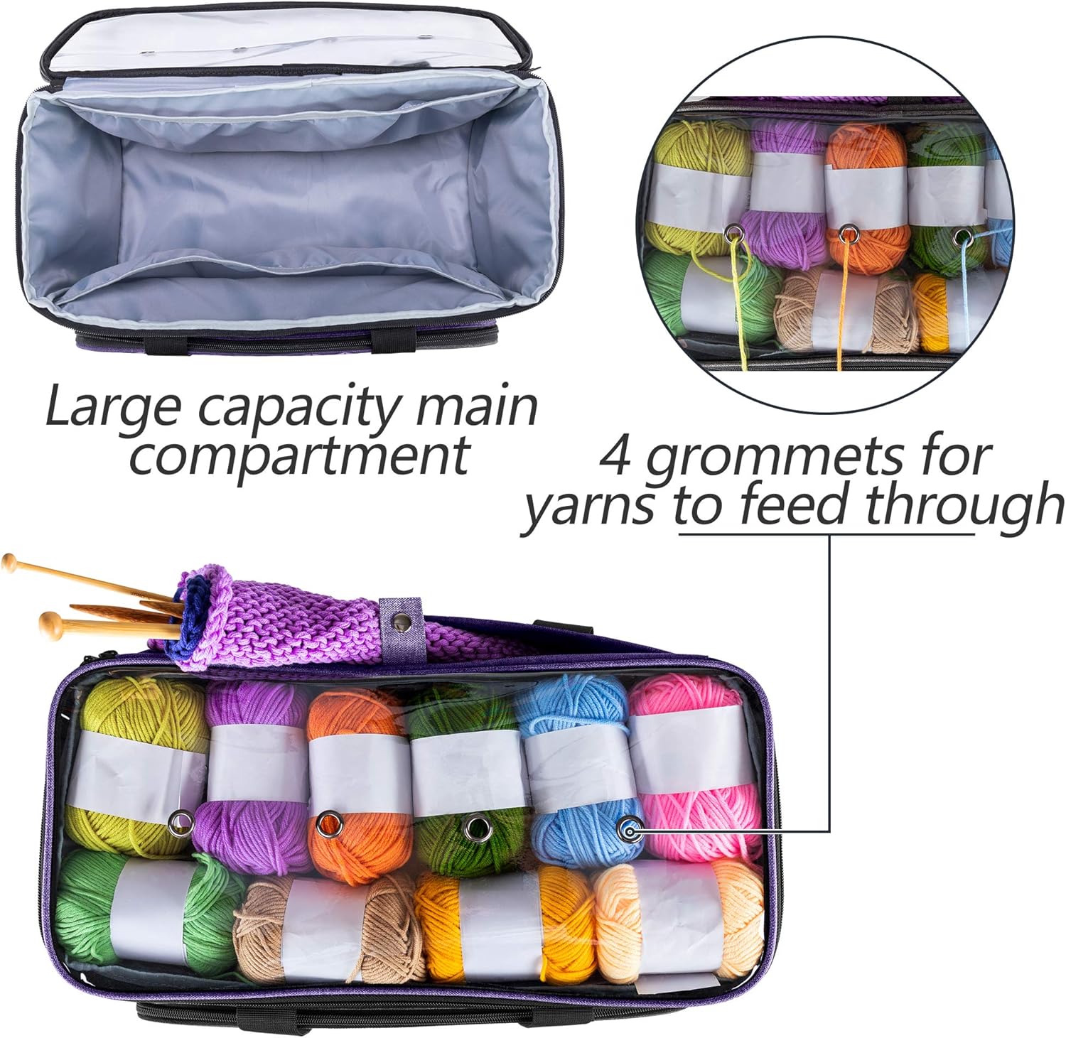 Yarwo Bolsa de hilo de tejer, bolsa de ganchillo con bolsillo para proyectos de limpieza, agujas de tejer (hasta 14 pulgadas) y madejas de hilo,