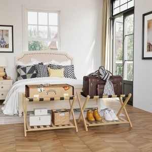 Semiocthome Paquete de 2 portaequipajes totalmente montado, soporte plegable para maleta con estante de almacenamiento, estante de madera para Semiocthome Paquete de 2 portaequipajes totalmente montado, soporte plegable para maleta con estante de almacenamiento, estante de madera para