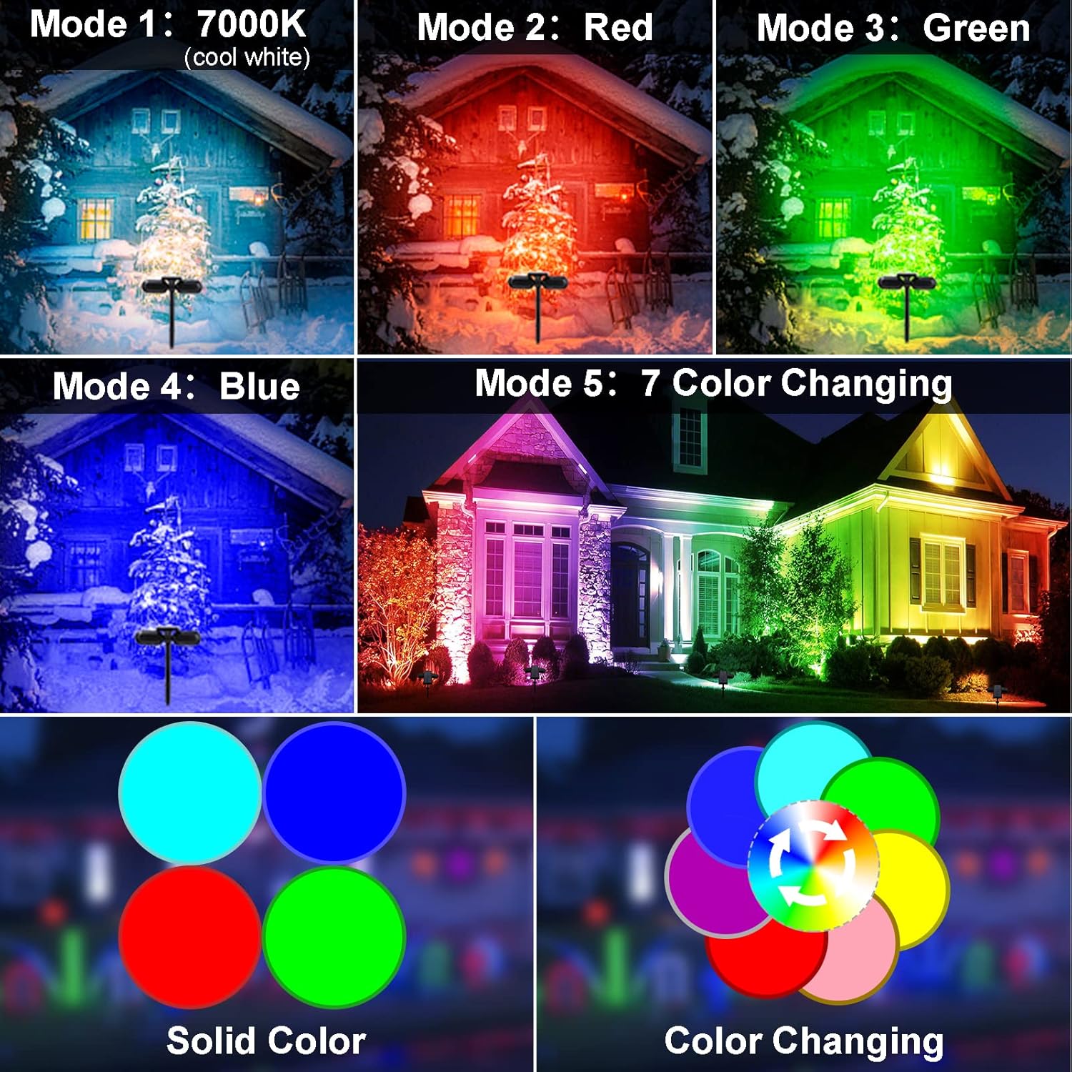 EMANER Solar Outdoor Spot Lights, RGB Solid Color+Multicolor Changing, Solar Spotlight Keep On, Dusk to Dawn Pathway Stake Light Waterproof for