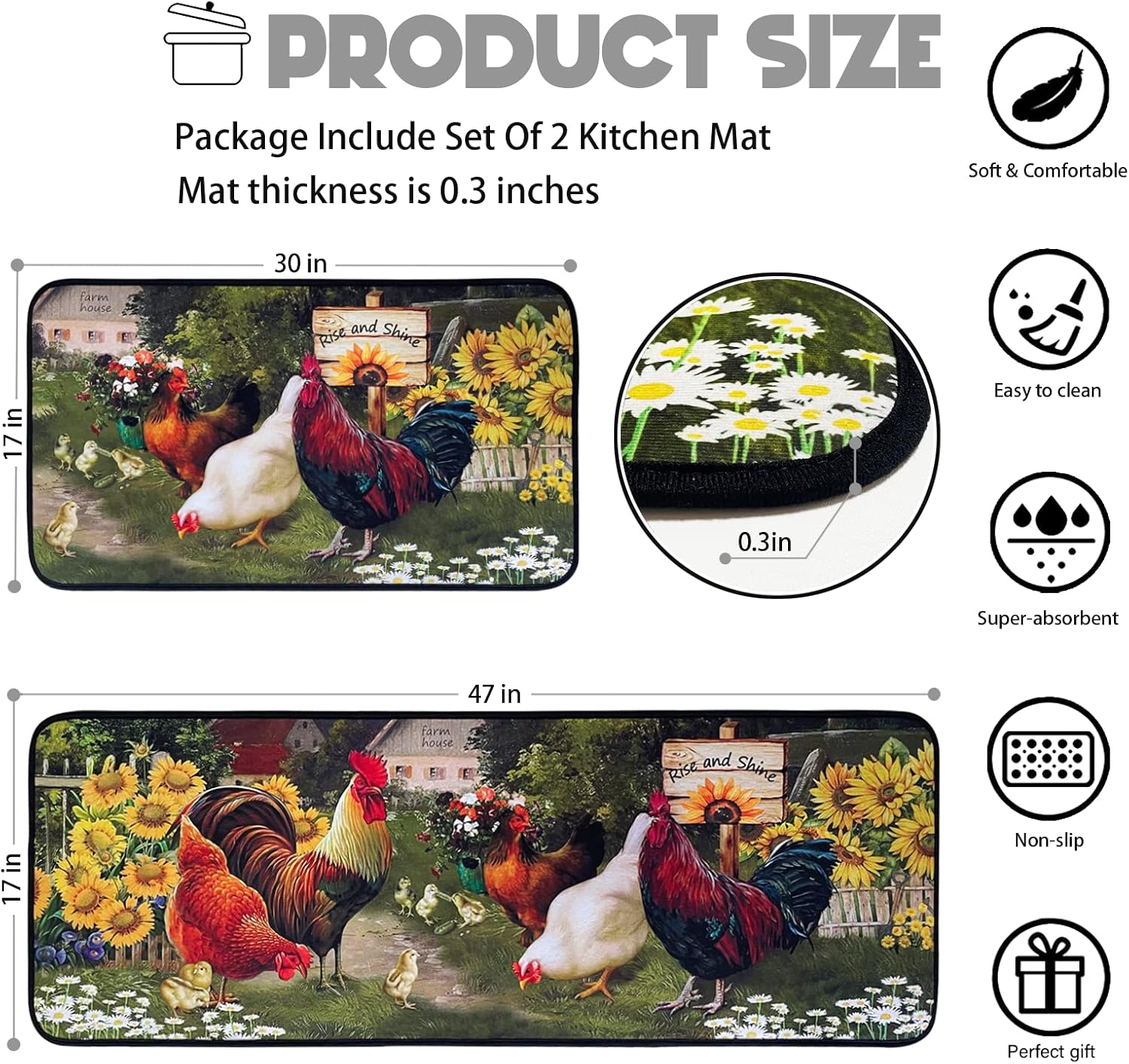 Alfombras de cocina de gallo, tapetes de microfibra antideslizantes y lavables para suelo de cocina, juego de 2 alfombras acolchadas de girasol para