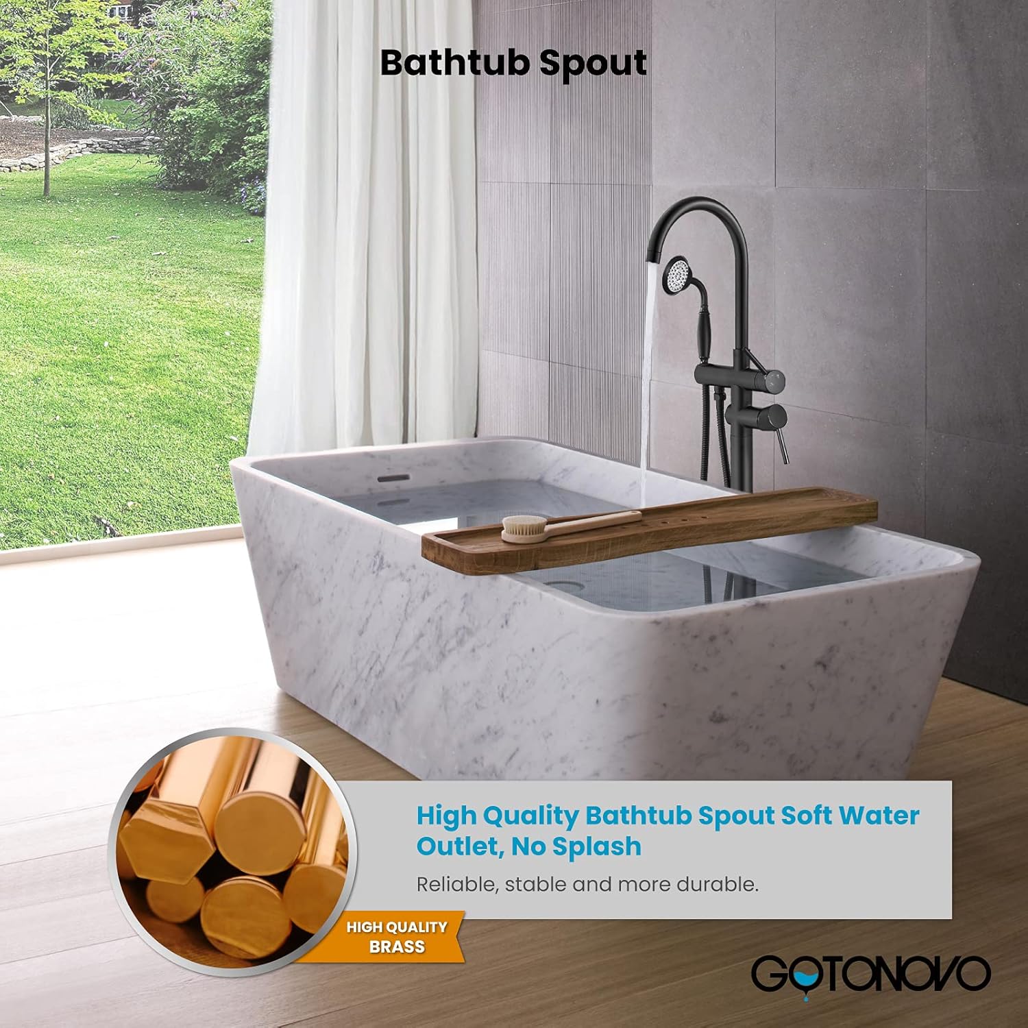gotonovo Llenador de bañera independiente negro mate con ducha de mano de cerámica para montaje en el suelo, grifo de bañera de latón de alto flujo