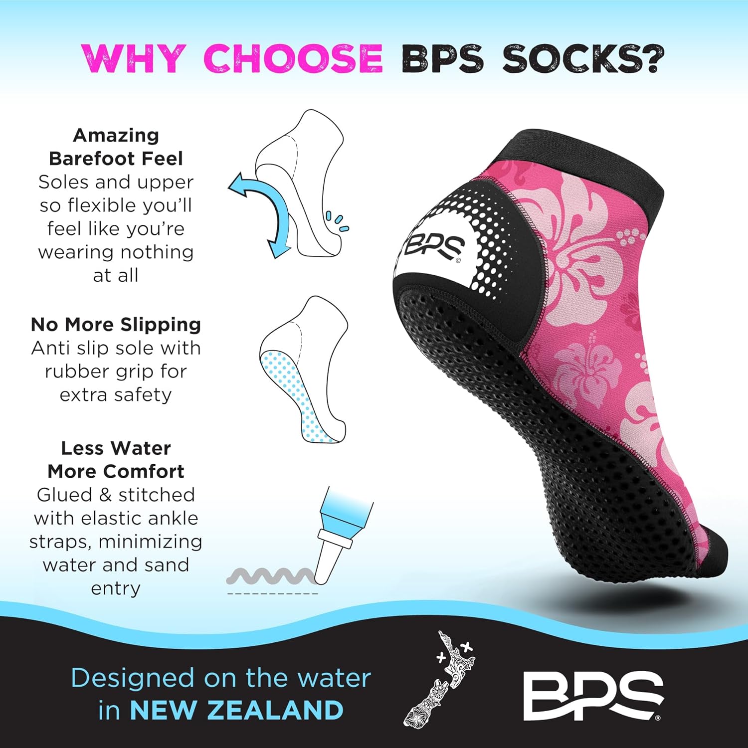 BPS Calcetines de agua suaves y ultra elásticos de Nueva Zelanda ‘Second Skin’, unisex, para voleibol de playa, aletas de natación, actividades