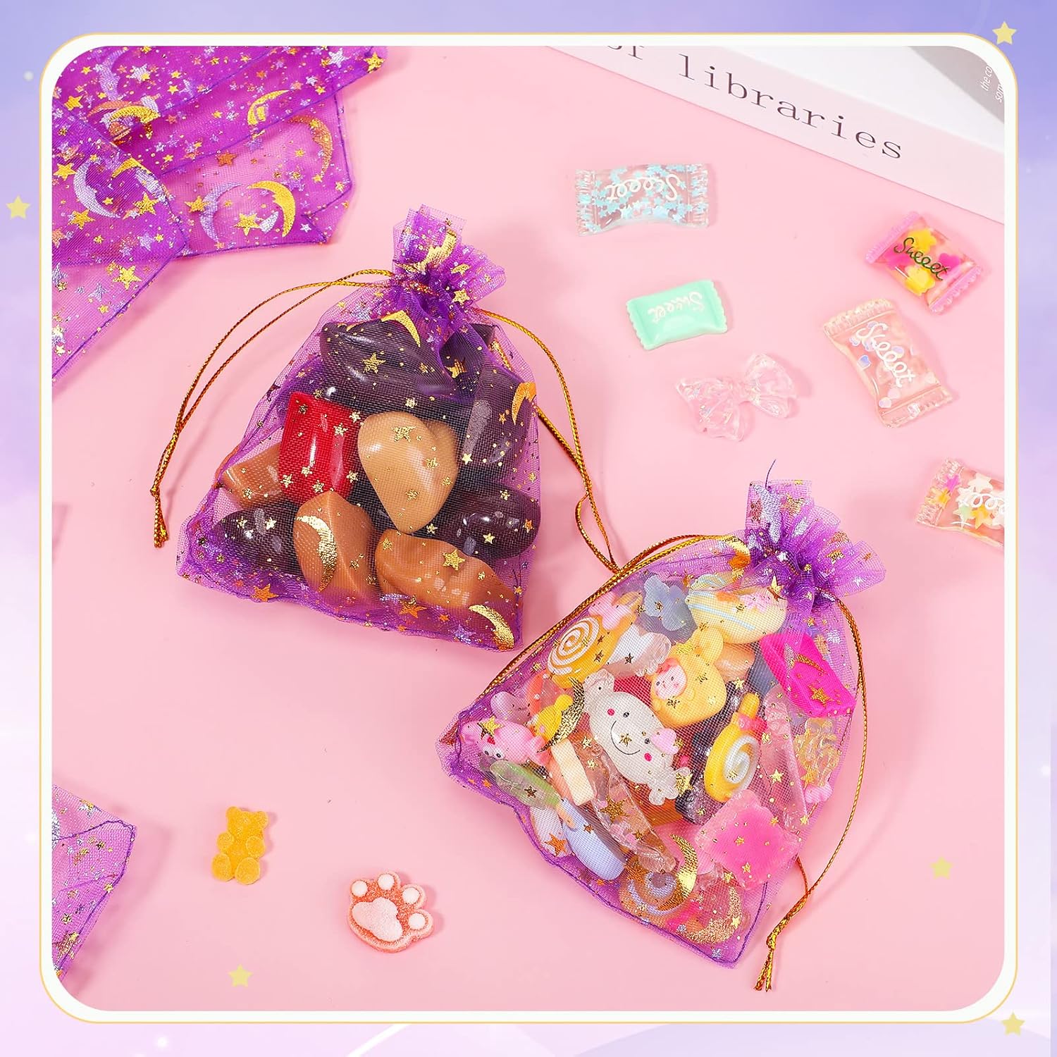 Shappy 150 bolsas de organza con cordón y estrellas de luna, bolsas de regalo de joyería, bolsas de organza con estrellas doradas para Navidad,