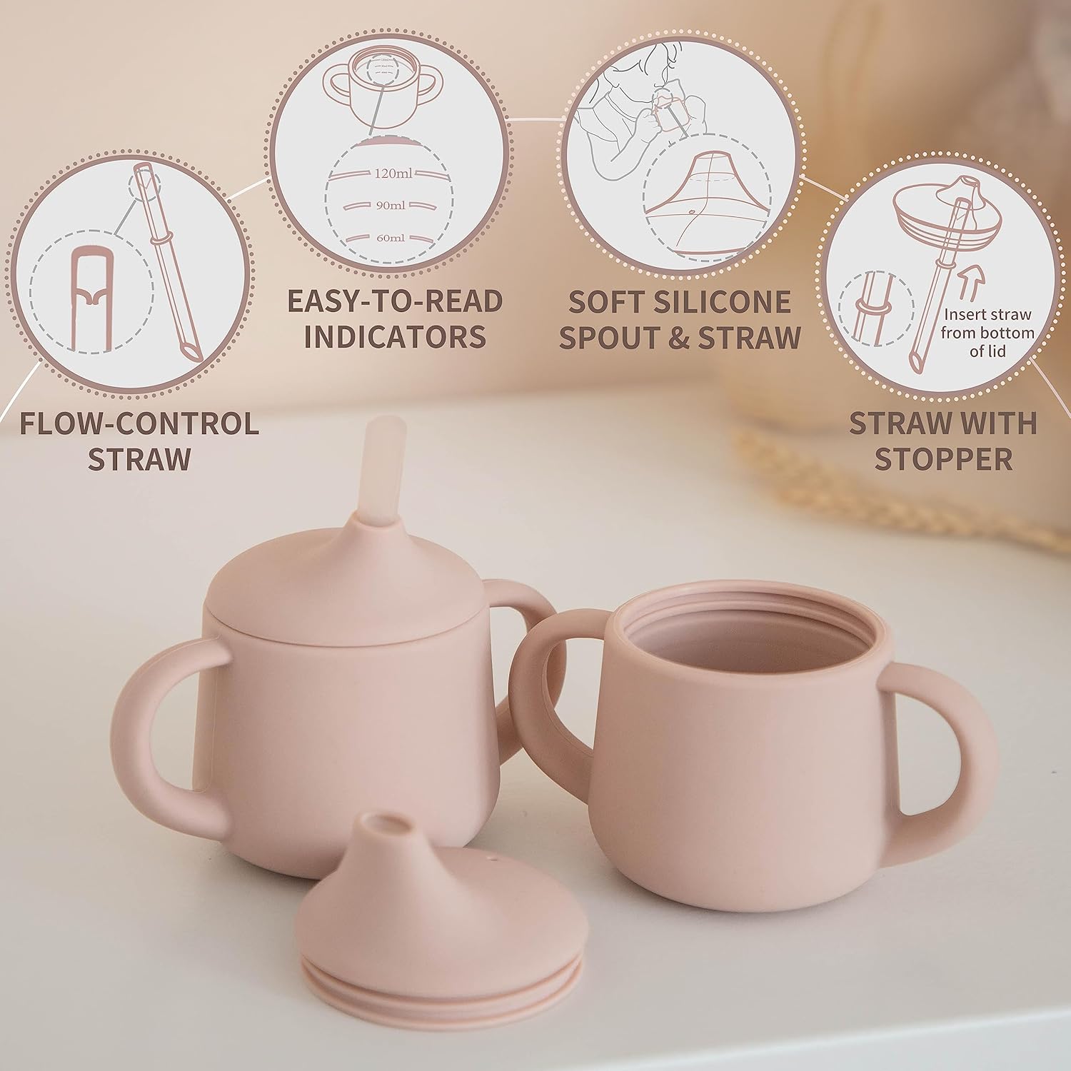 Moonkie Vasos de silicona para bebés  Taza de entrenamiento de 3 etapas con popote para bebés y niños pequeños, 4 onzas (salvia)