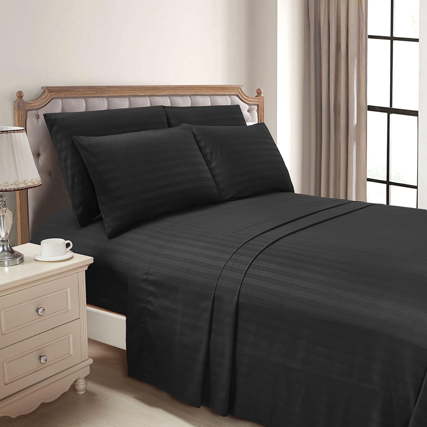 Mocassi Cali King Stripe – Juego de sábanas y fundas de almohada de lujo de hotel de 1800  Premier, sábanas ultrasuaves, transpirables y