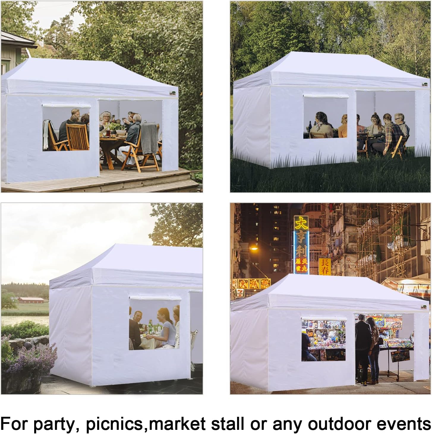 Eurmax – Kit de paredes con cierre para toldo de 10 x 20pies, con ventana de malla y puerta enrollables, solo 4 paredes (color blanco)