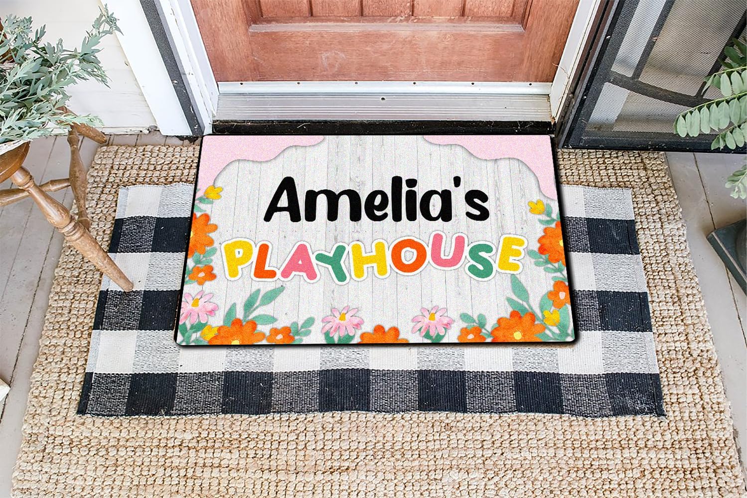 Tapete personalizado con temática de flores florales para niños y niñas, letrero personalizado para casa de juegos al aire libre, patio, club,