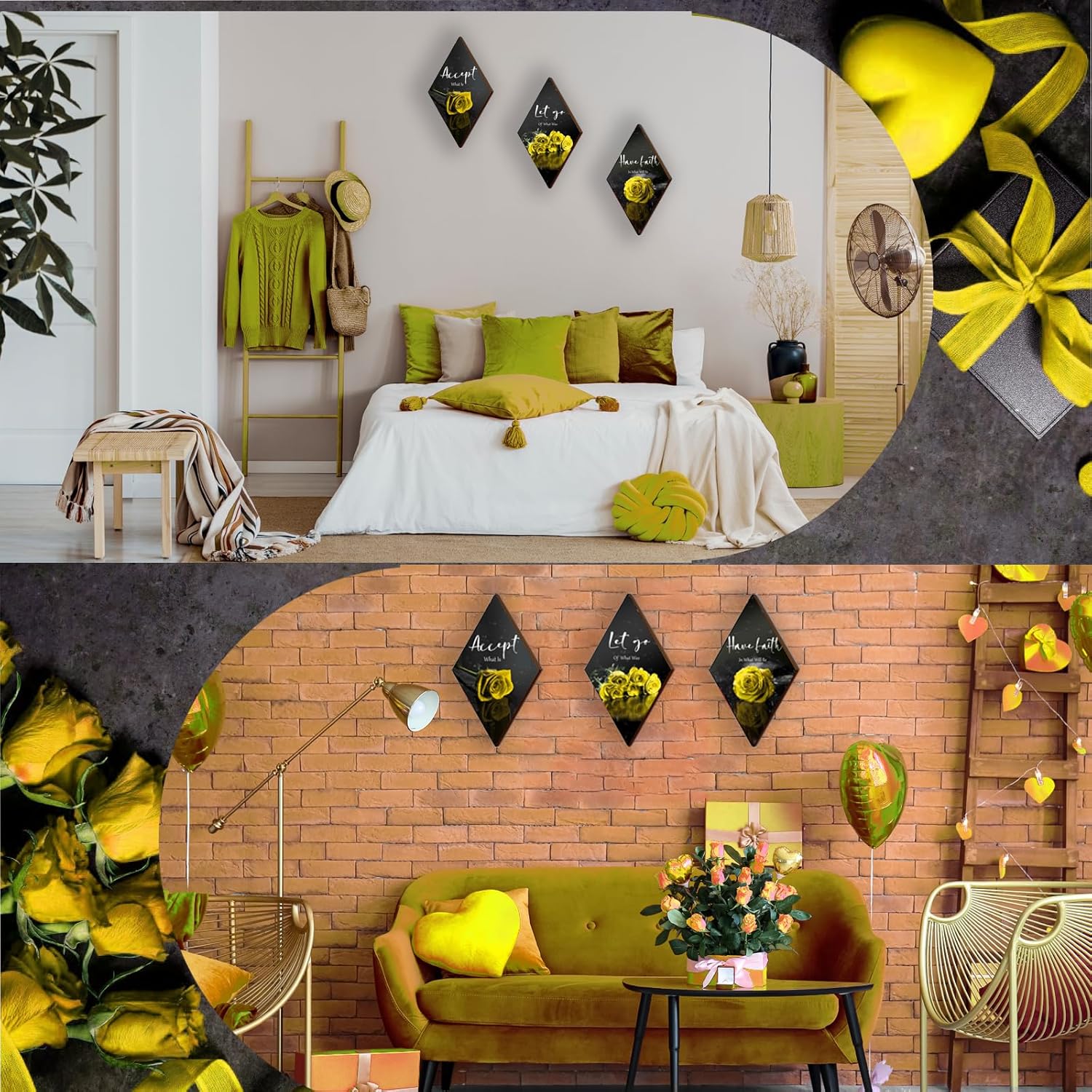3 piezas de decoración de pared de baño con rosas amarillas, decoración inspiradora de madera, decoración de pared de oficina con letrero de aceptar