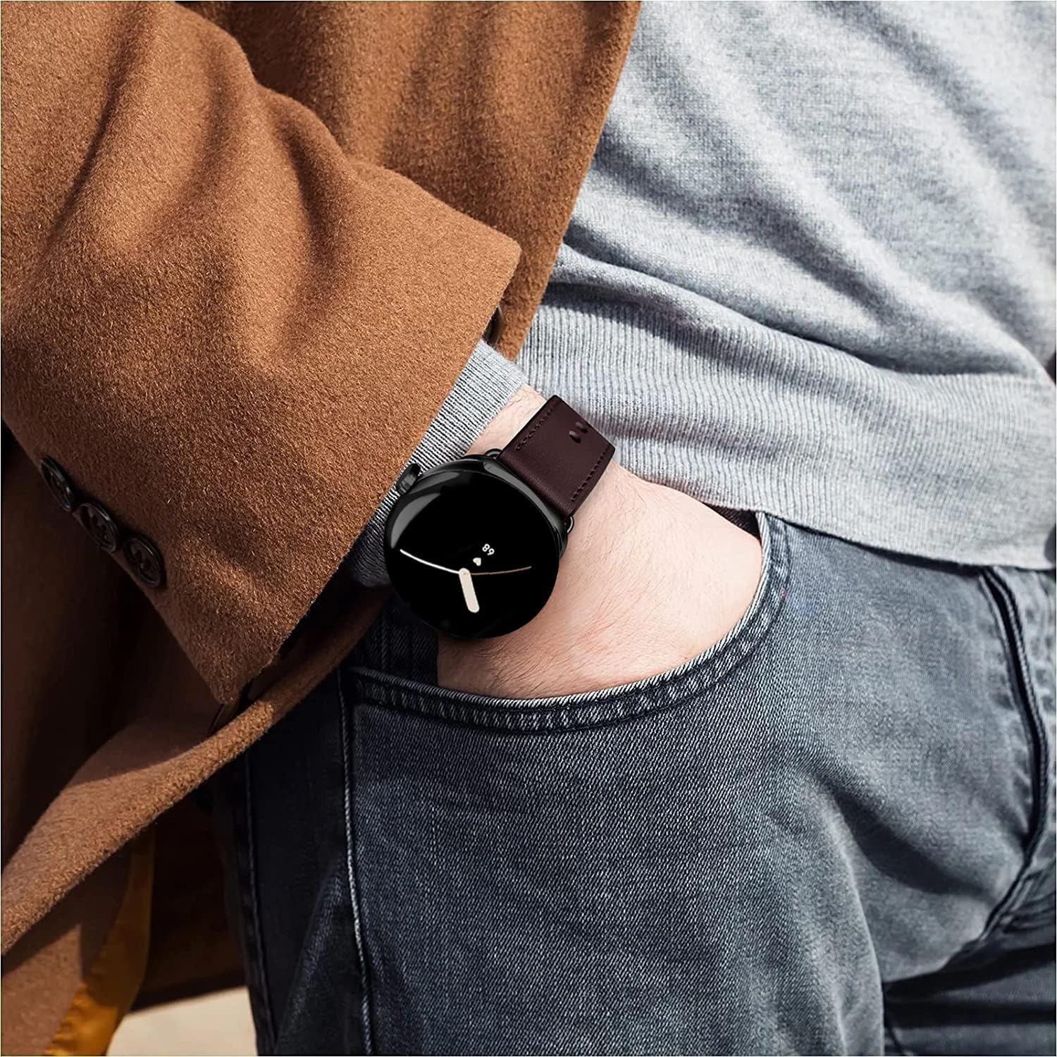 Leather Bands Compatible for Google Pixel Watch Band Leather for Men, Pixel Watch Wristband Adjustable Clasp Strap for Google Pixel Watch