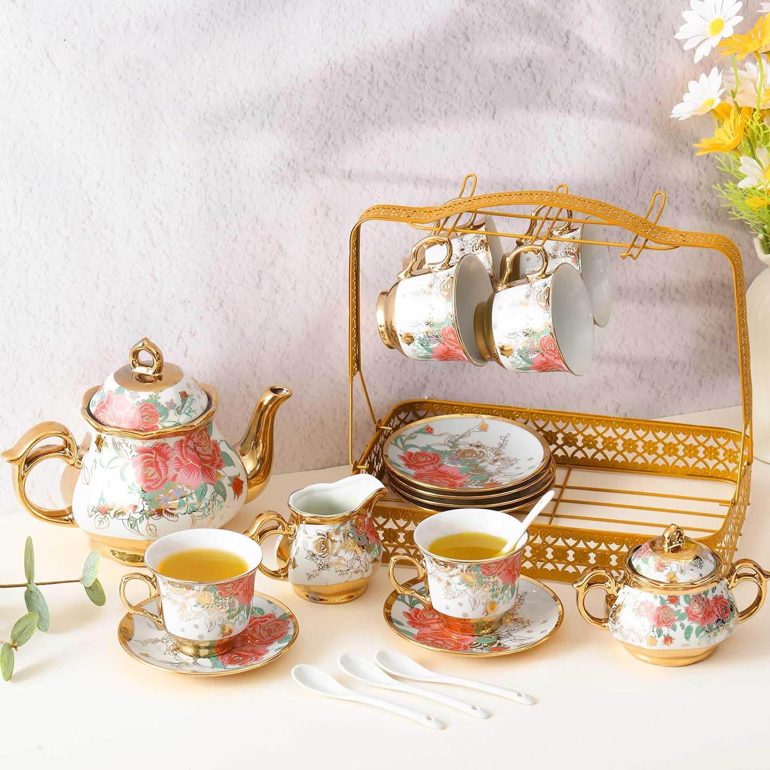 Juego de té de porcelana de Navidad para adultos, 22 piezas, regalo con soporte de metal, juego de té de cerámica europea, juego de té para adultos,