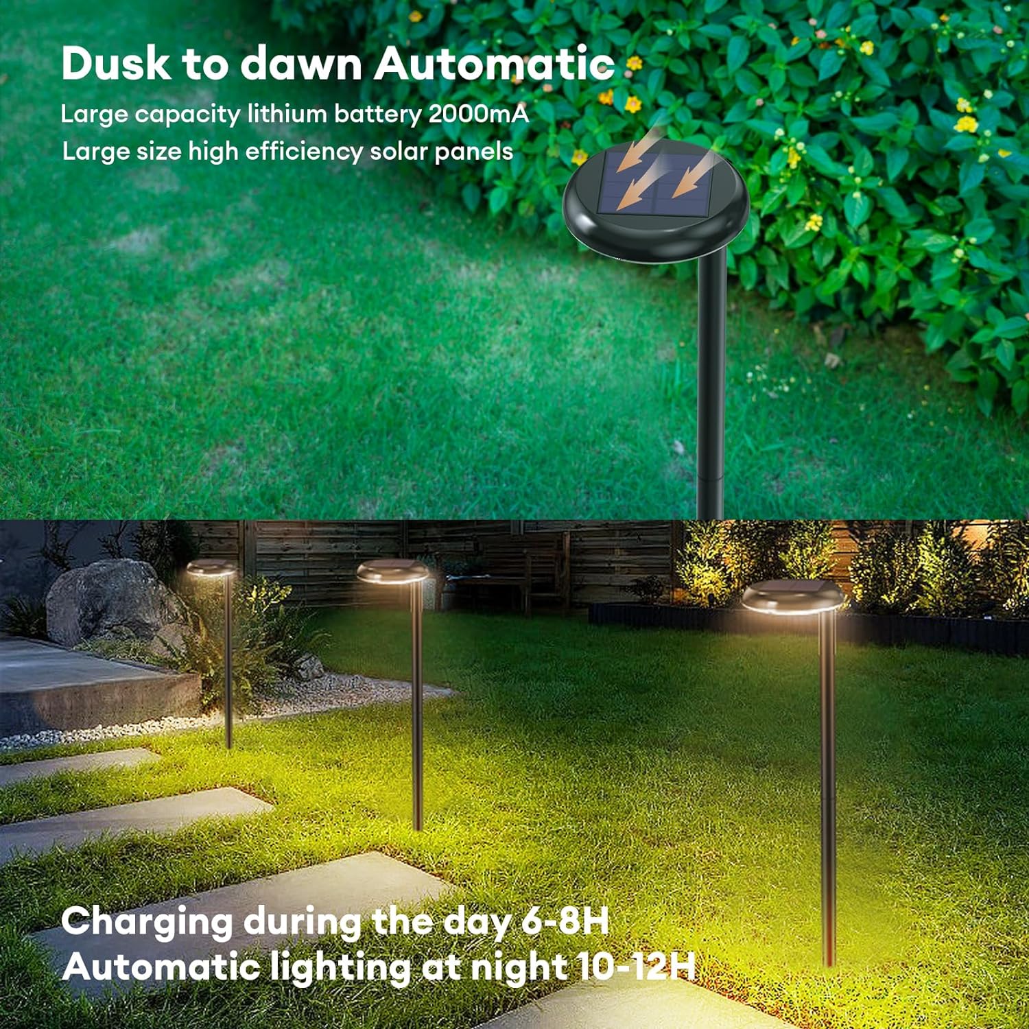 Luces solares para camino superbrillantes de 300 lúmenes con 2 en 1 blanco cálido y color de luz diurna, luces solares para camino, acera, entrada,