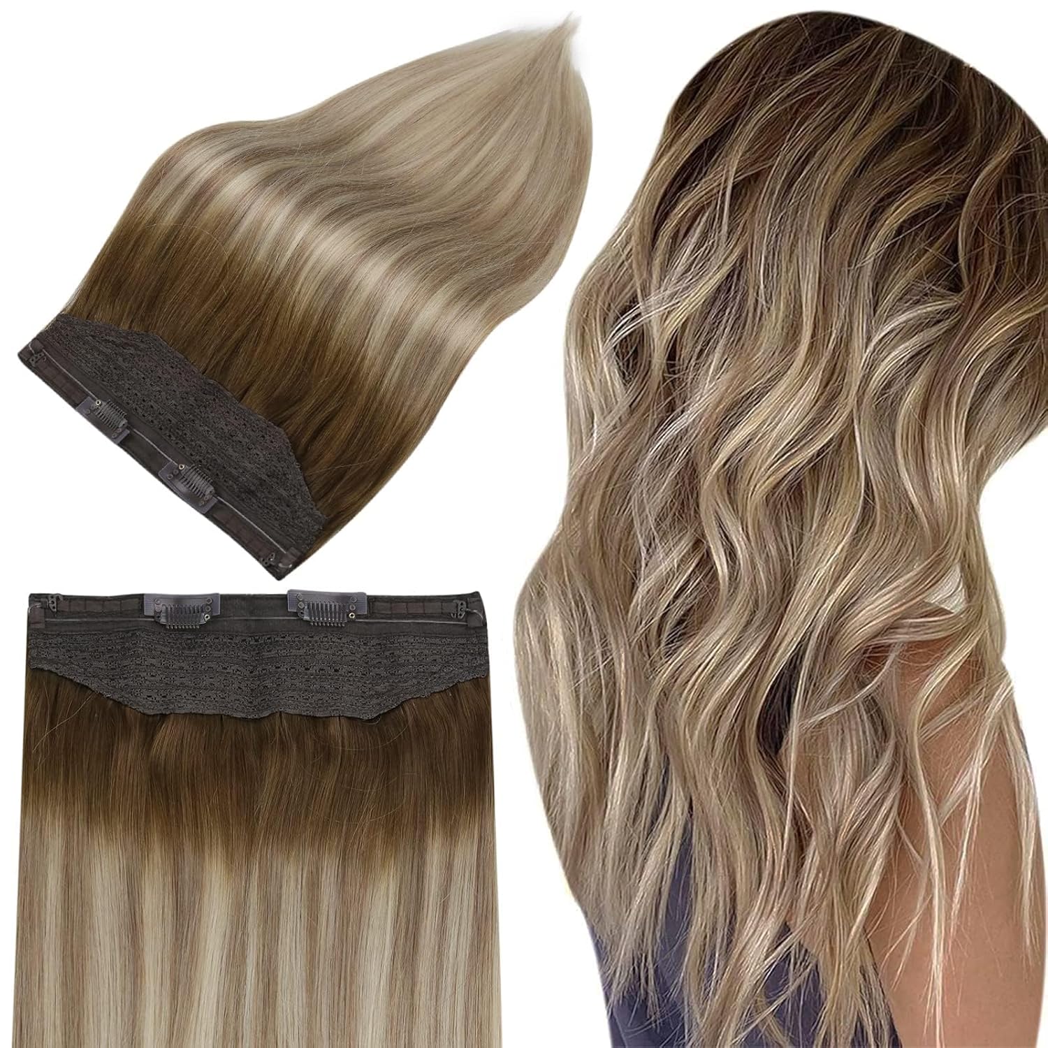 Full Shine – Extensiones de cabello humano de una sola pieza con hilo de nailon transparente e invisible, con diadema oculta, color ombré, para