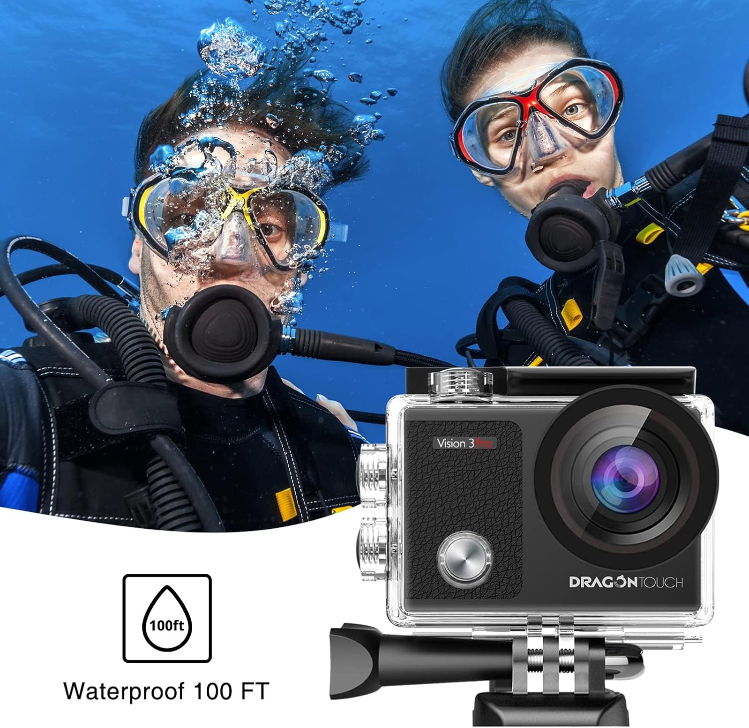 Dragon Touch Cámara de acción HD subacuática 4K, pantalla táctil Vision 3 Pro, 20MP 100 pies, impermeable, ángulo de visión ajustable, videocámara