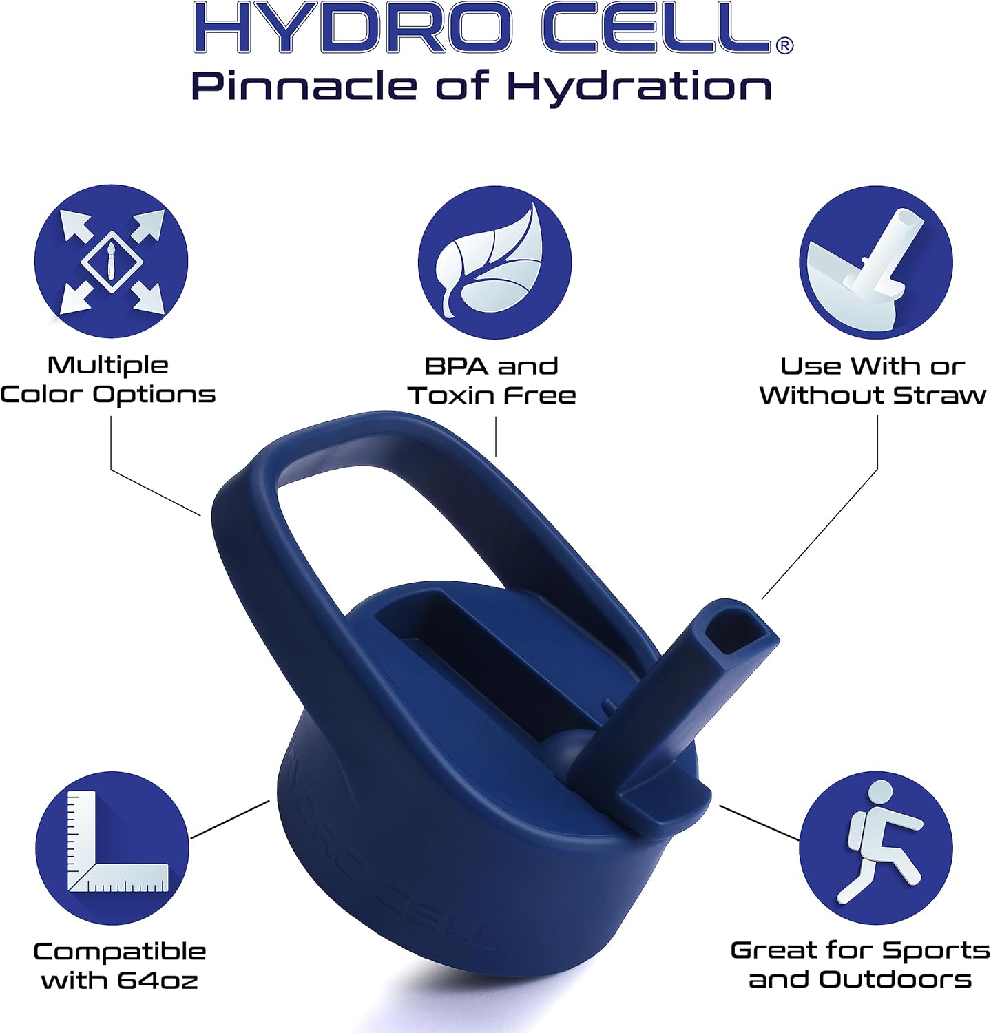 HYDRO CELL Tapa deportiva con popote para botellas de agua de boca ancha, tapa de repuesto de boquilla abatible sin BPA, 64 onzas, 40 onzas, 32