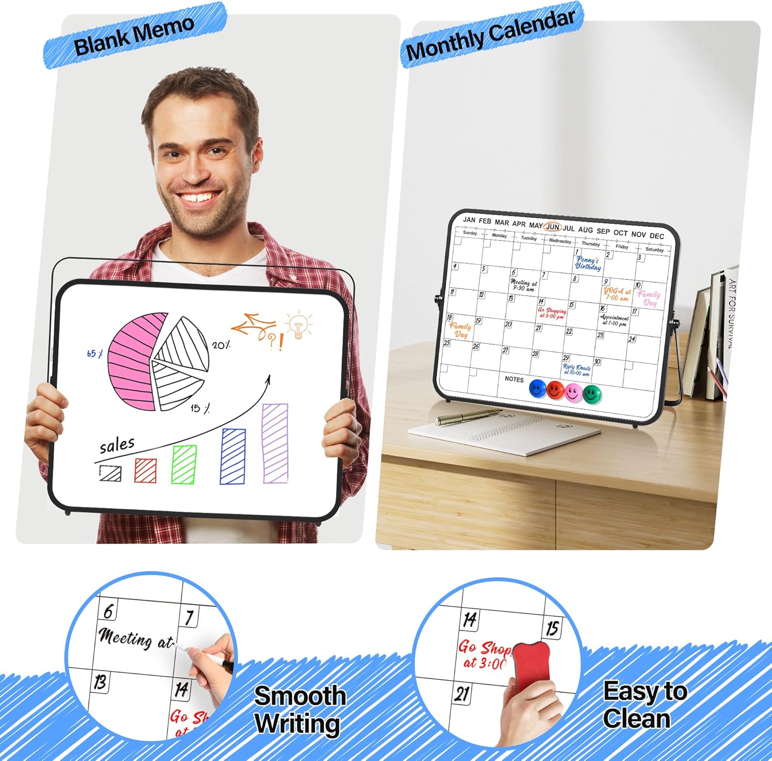 Calendario de borrado en seco pizarra blanca para pared, pizarra blanca magnética de doble cara de 14 x 11 pulgadas con soporte para escritorio,