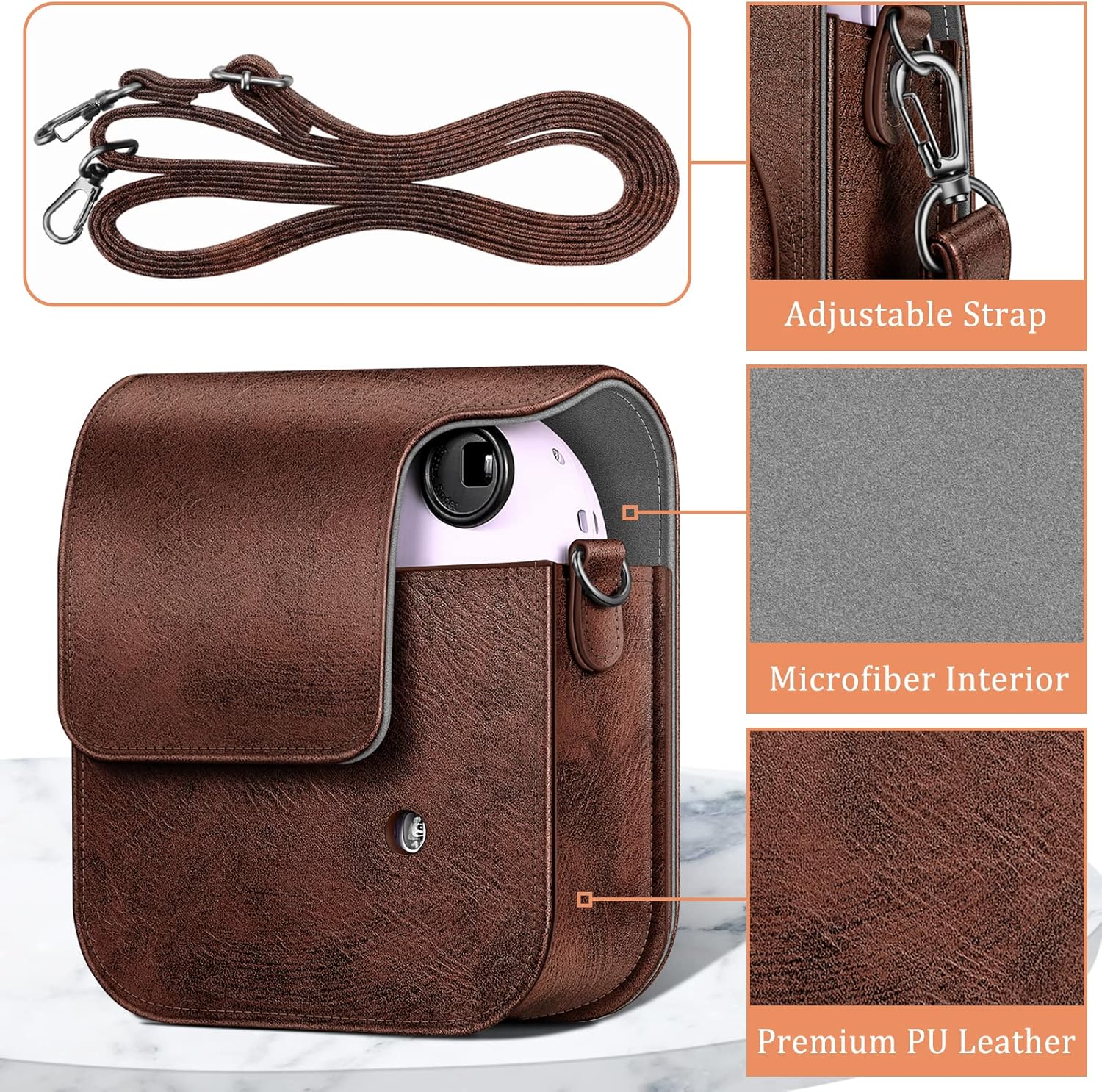 Fintie Funda protectora para cámara instantánea Fujifilm Instax Mini 12 – Funda de piel vegana premium con correa ajustable extraíble, color marrón