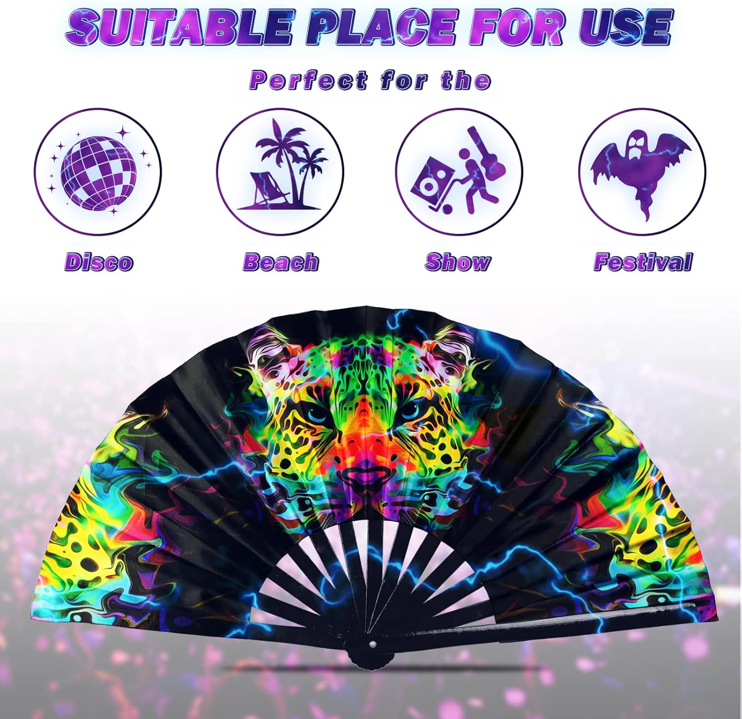 Ventilador de mano plegable grande para hombres y mujeres con bolsa de terciopelo, colorido ventilador UV brillante para fiestas de música
