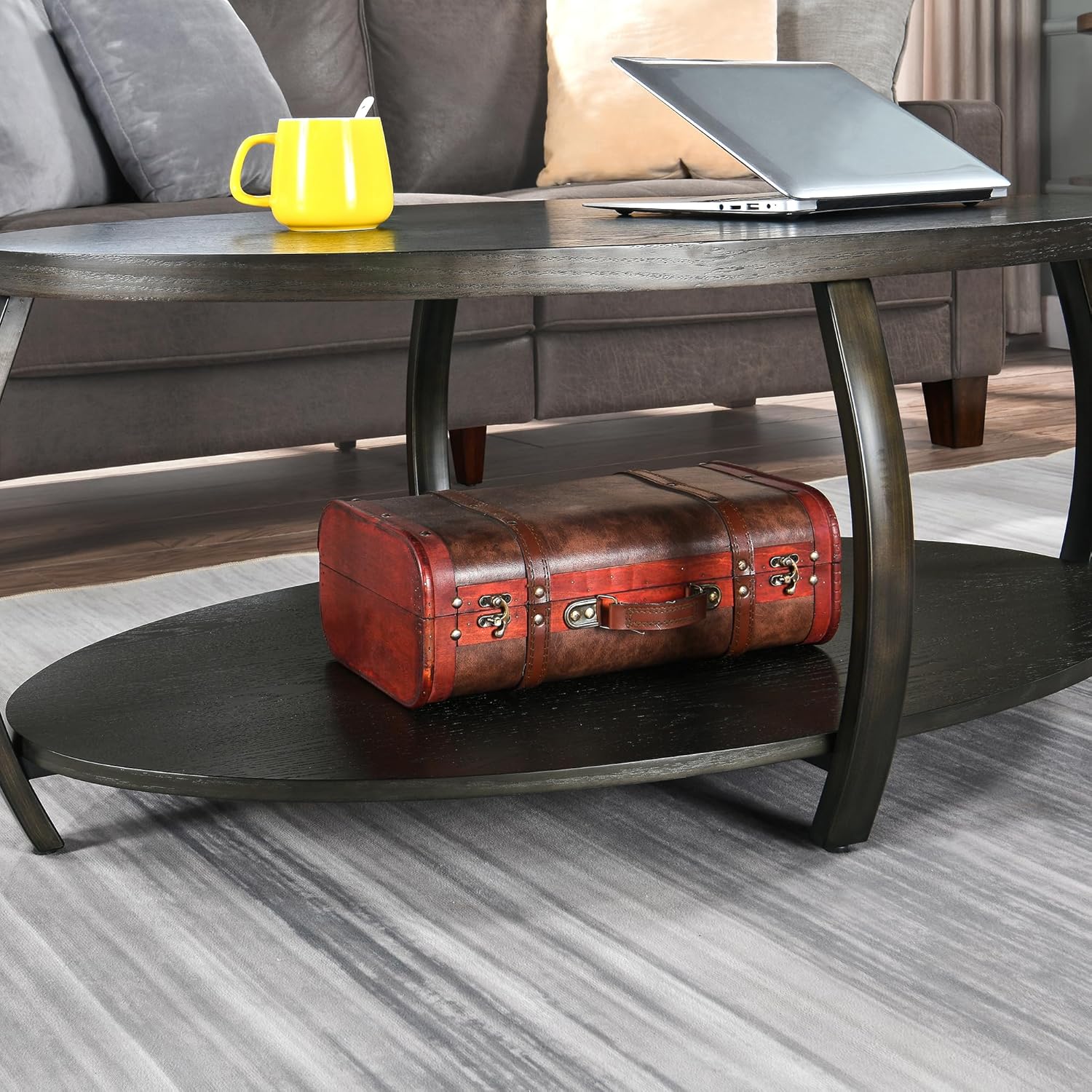 MODERION KFZ2439DK – Mesa auxiliar ovalada con estante de almacenamiento, mesa de té de centro industrial con patas de metal, mesa de sofá lateral